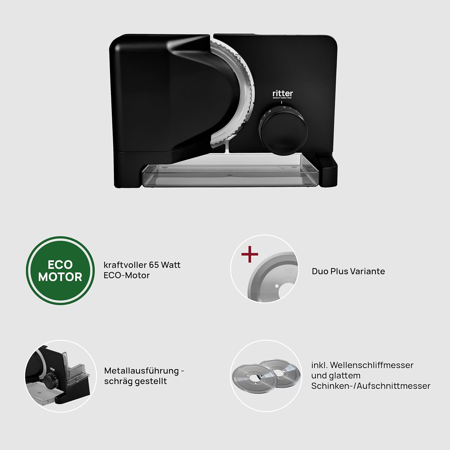 Ritter E 16 Duo plus Electric Slicer and Cutting Machine Made of Metal with Eco Motor, Made in Germany, Black - Metallic Silver image number 2