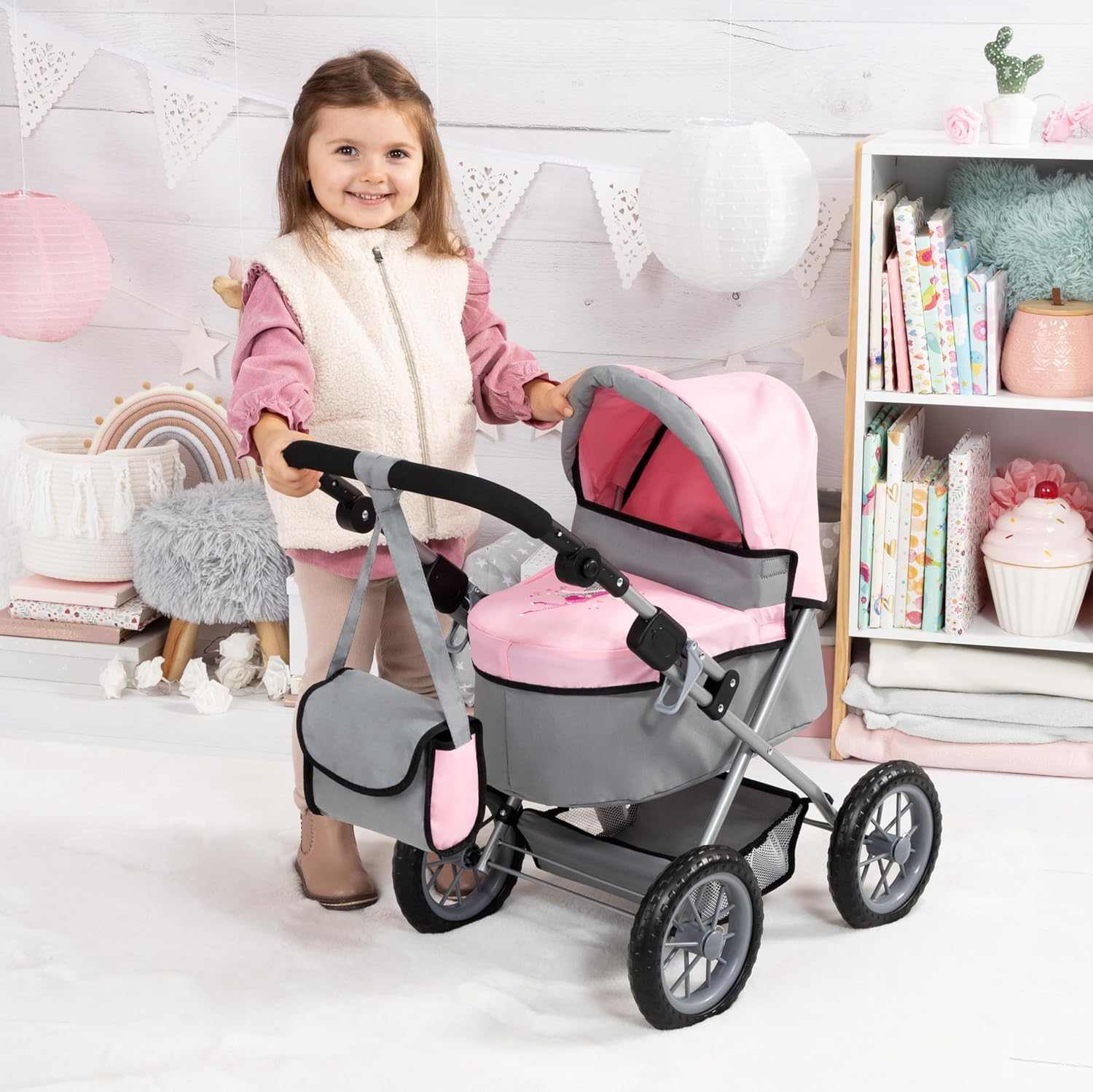Bayer Design Baby Doll Trendy Pram in Grey/Pink image number 2