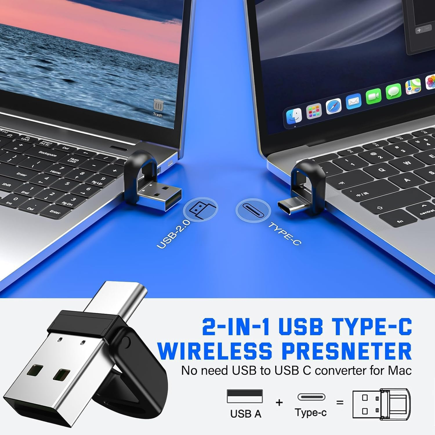 Rechargeable 2-In-1 USB Type C Presentation Clicker Wireless Presenter Remote Clicker for Powerpoint Presentations with Laser Pointer, Slide Advancer for Computer/Mac/Laptop