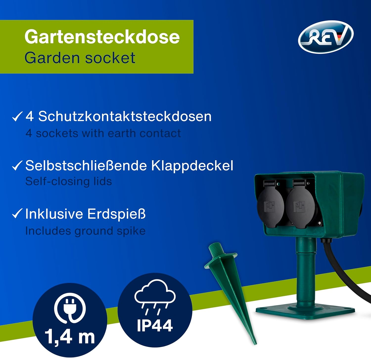 REV 0595009555 Ground Spike 4-Way Garden Socket IP44 Cable 1.4 M Max. 3500 W Green image number 4