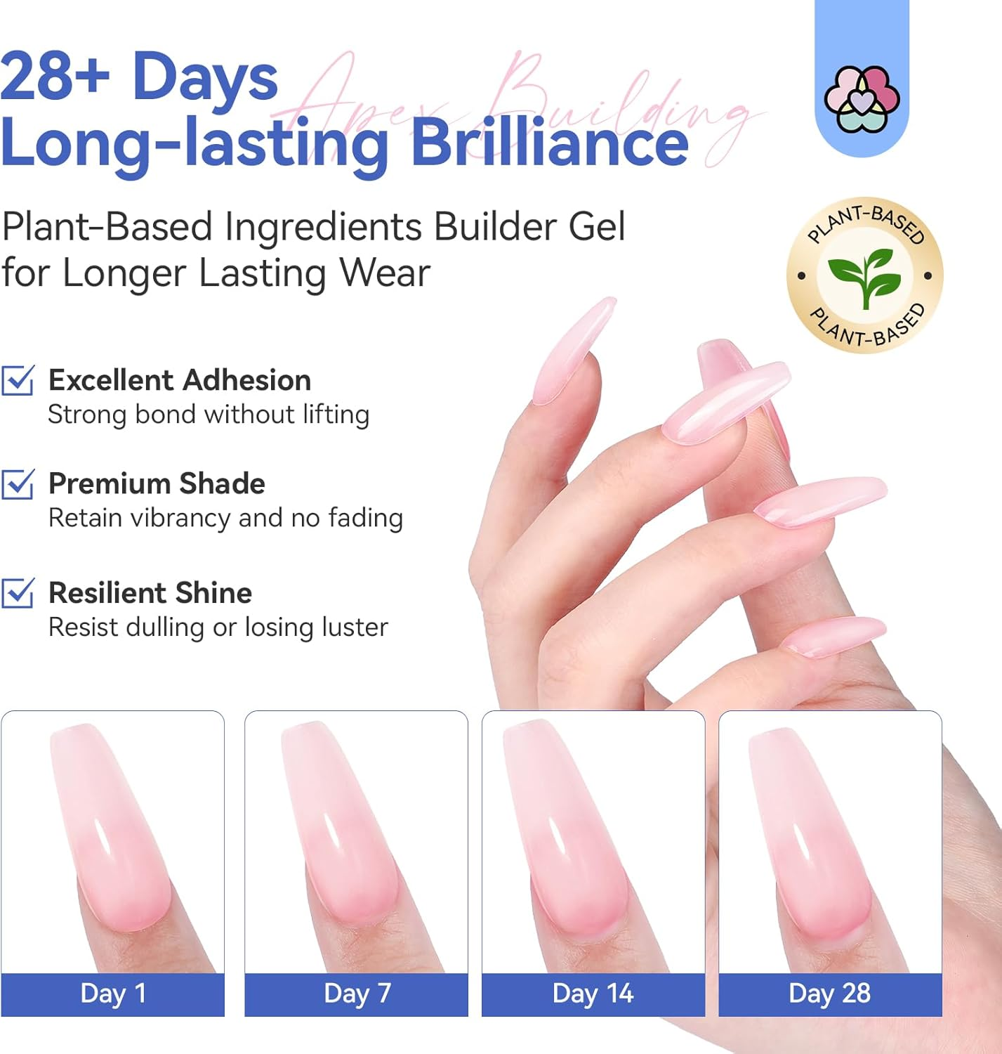 SAVLAND Natural Builder Nail Gel: Castor Oil Gel Builder for Nails Vitamin E Nail Strengthener Hard Nail Gel Builder in a Bottle Home Women Nail Extension Apex with Liner Brush 15 Ml Pink image number 2