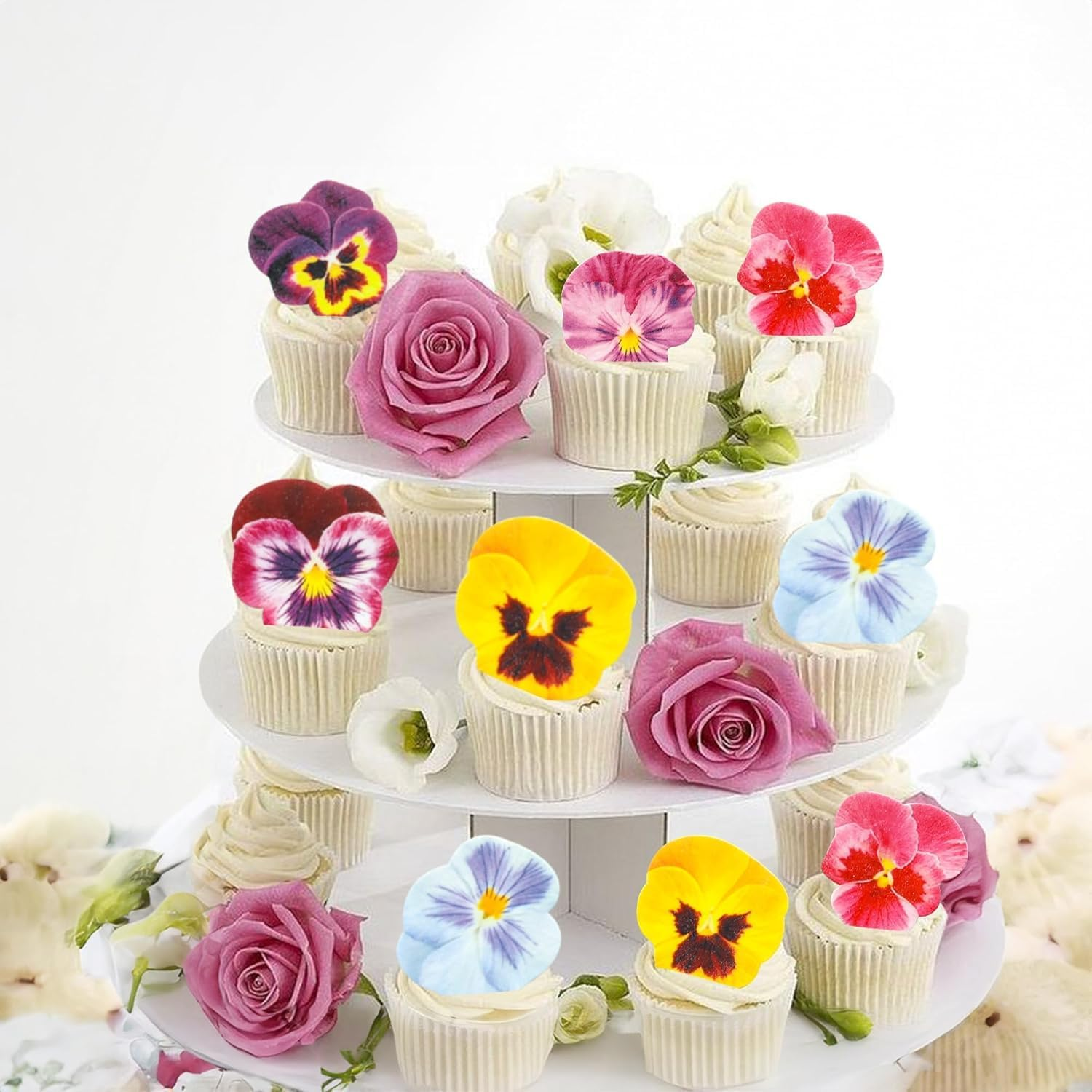 64Pcs Edible Flower Cupcake Toppers Spring Bridal Engagement Baby Shower Birthday Party Cupcake Picks Anniversary Party Decorations Supplies image number 3