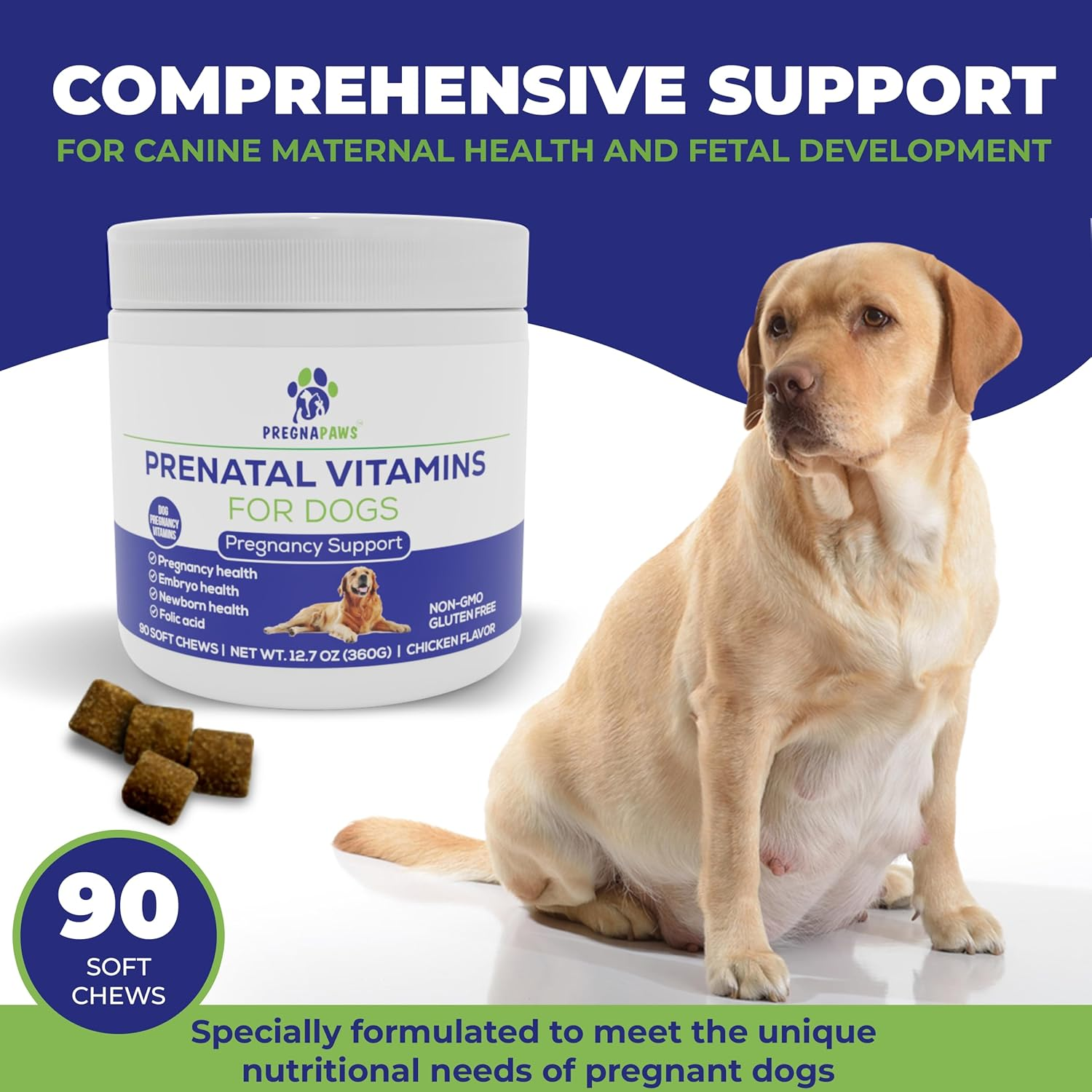 Dog Prenatal Vitamins - Prenatal Vitamins for Dogs to Support Puppy Development & Maternal Health - Essential Dog Pregnancy Vitamins with Folic Acid & Probiotics - 90 Soft Chews image number 4