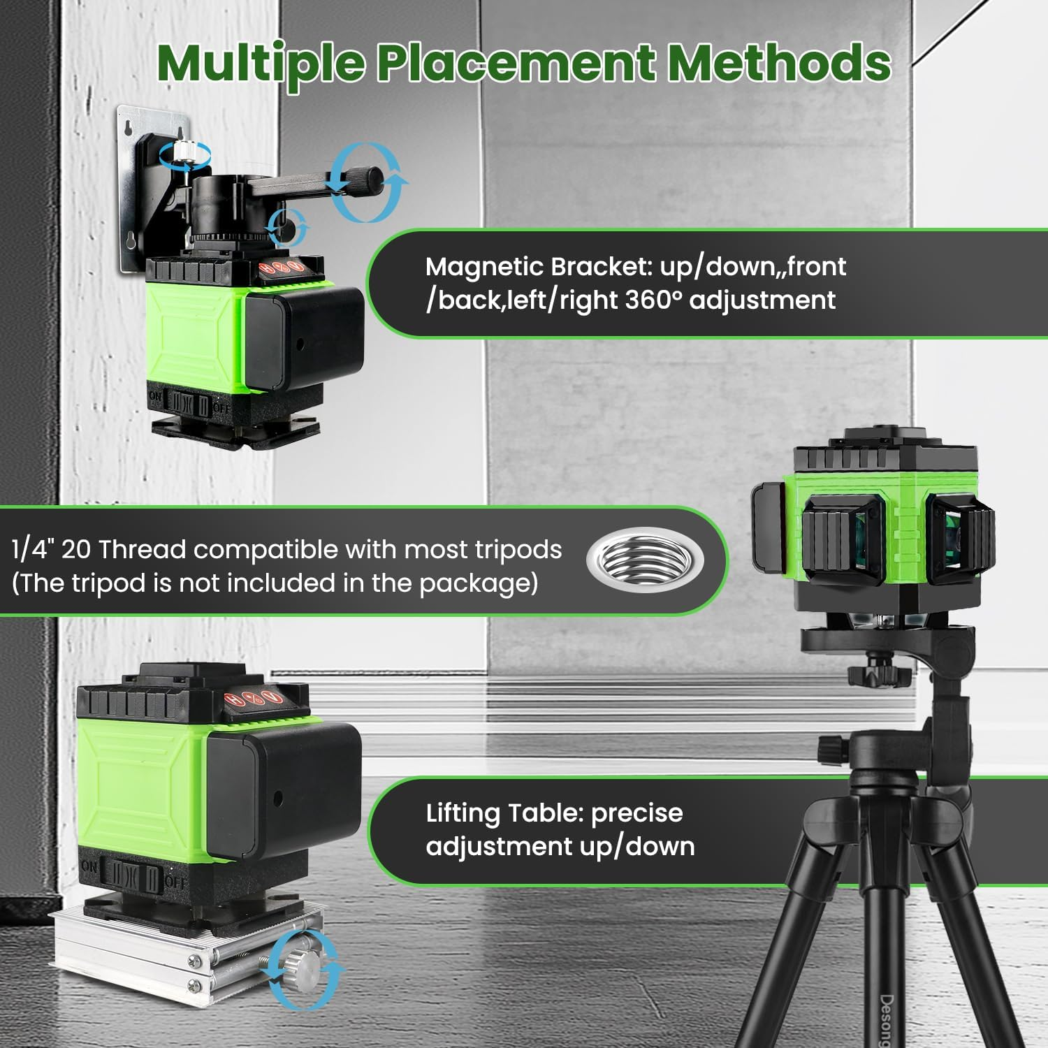 Xkimos Laser Level Green Self Leveling 12 Lines 3X360&deg;Adjustable Brightness Horizontal & Vertical Cross Line with Manual and Pulse Mode for Indoor Outdoor, 2Xbattery,Remote Control,Charger and so On image number 4
