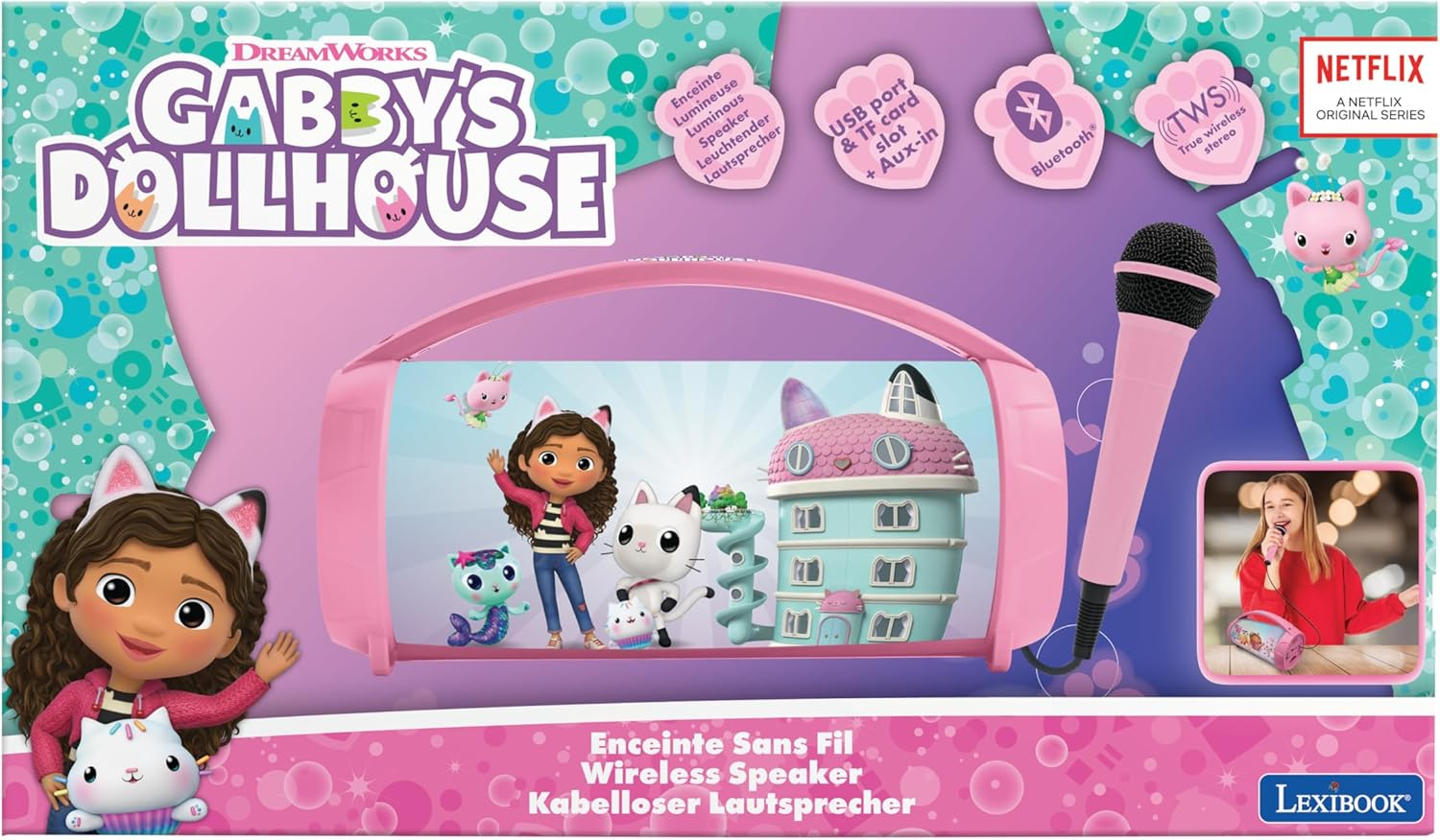 Lexibook, Gabby'S Dollhouse, Wireless Light Speaker with Microphone, Stereo Sound, Karaoke Function, USB and SD Card Ports, Rechargeable Battery, Carrying Handle, Pink, BTP585GDHZ image number 6