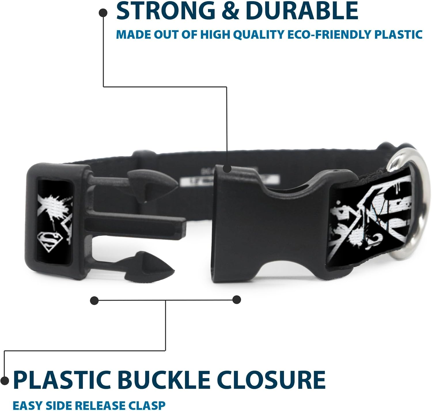 Buckle-Down Plastic Clip Dog Collar, Superman Shield Splatter Black/White, 18 to 32 Neck Size X 1.5 Inch Width image number 5