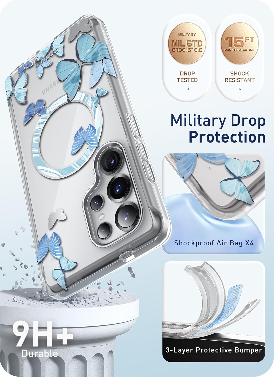 -Blason Cosmo for Samsung Galaxy S25 Ultra Case Magsafe with Built-In Screen Protector [Support Fingerprint ID & Wireless Charger] Full-Body Slim Style Magnetic Phone Case for S25 Ultra, Bluefly