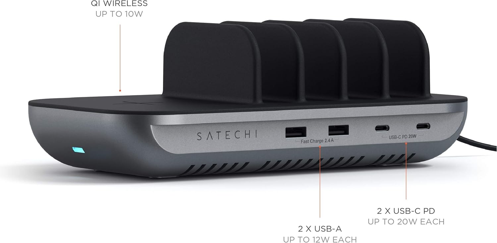 Satechi 5-In-1 Multi Device Charging Station with 10W Qi Wireless Charging, 2X USB-C PD 20W, 2X USB-A 12W, for Ipad Air & Pro M5 M4 M3, Tablets, Iphone 17 to 12 Series, Airpods, Apple Watch, and More image number 2