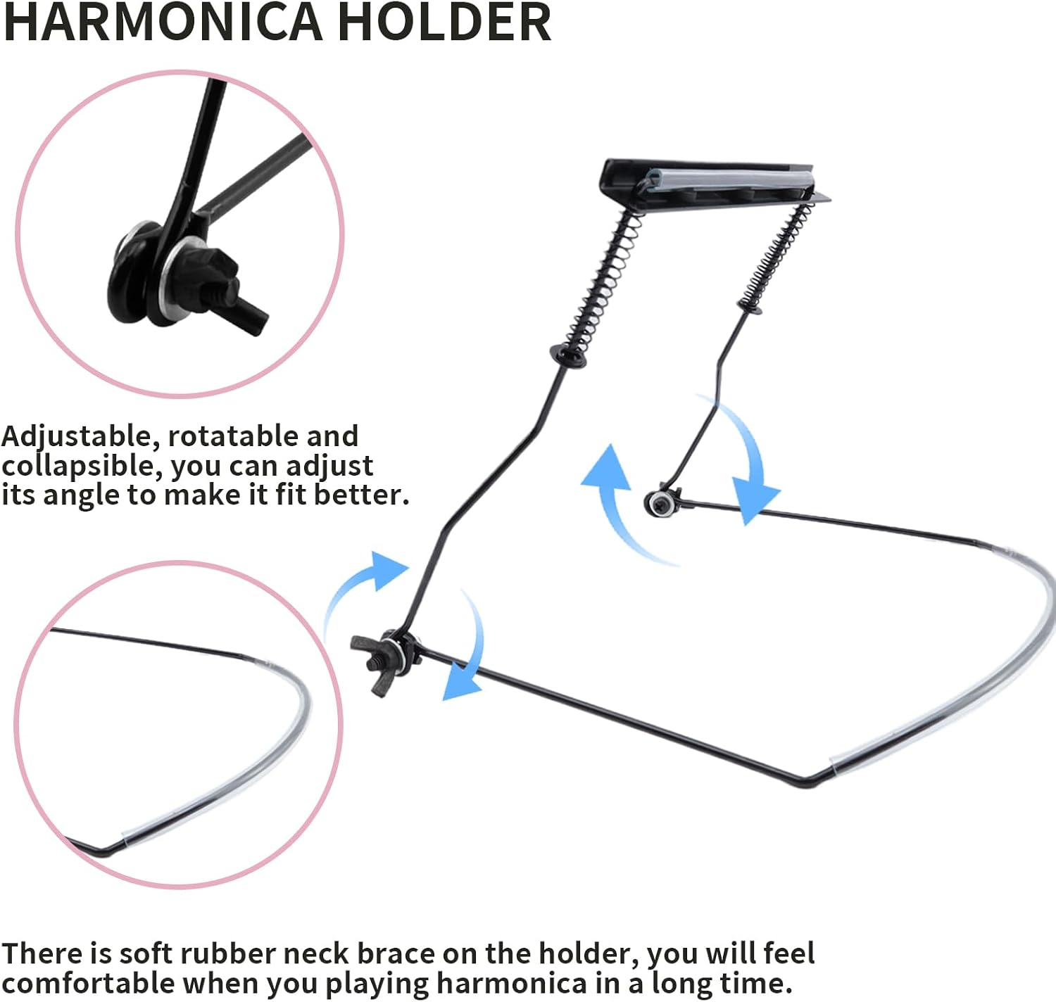 Geesatis Harmonica Holder 10 Hole Harmonica Neck Stand Bracket Metal Adjustable Harmonica Neck Holder Stand, 1 Pcs