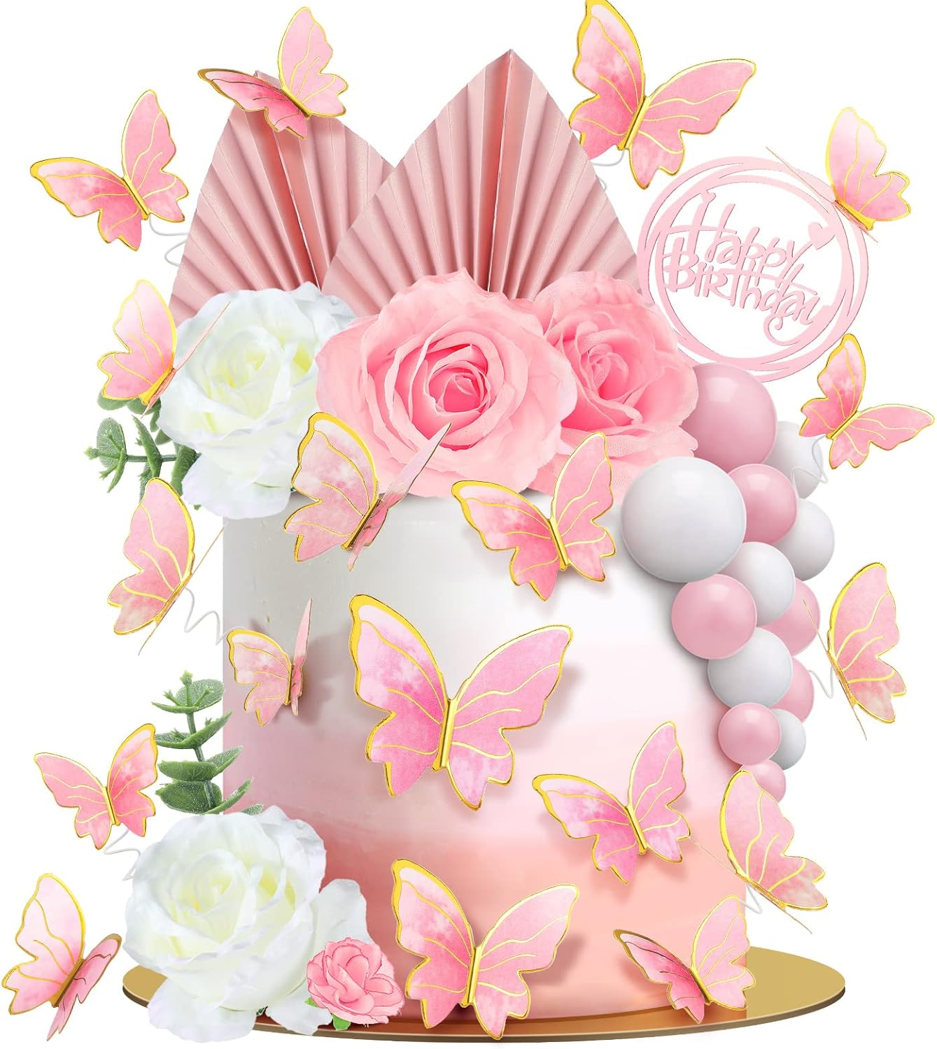 Shimeyao 52 Pcs Flower Toppers for Cake Boho Cake Topper Flower Butterfly Decorations Palm Leaves Balls Cupcake Toppers for Birthday Wedding Baby Shower Party Decoration (Pink, White)