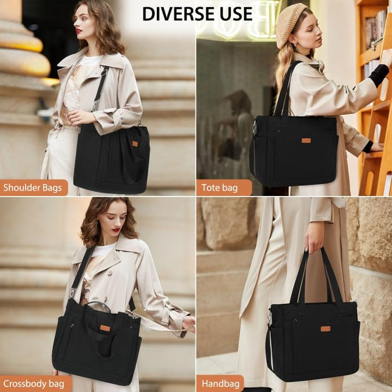 Canvas Tote Bags for Women with Zipper and Compartments Large Shoulder Bag Waterproof Crossbody Bag for School Work Beach - Blackbrown image number 3