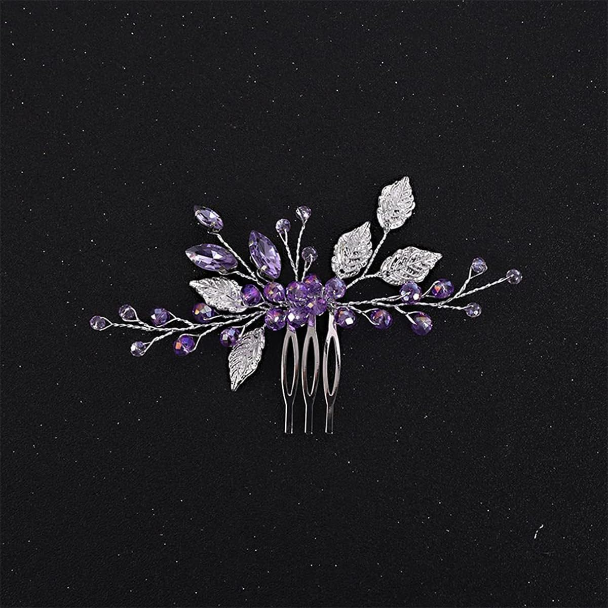 Laroal Elegant Bridal Leaf Crystal Rhinestone Hair Comb Headband - Purple and Silver Wedding Tiara for Women Girls Bridesmaids (14 * 7.5Cm) image number 5