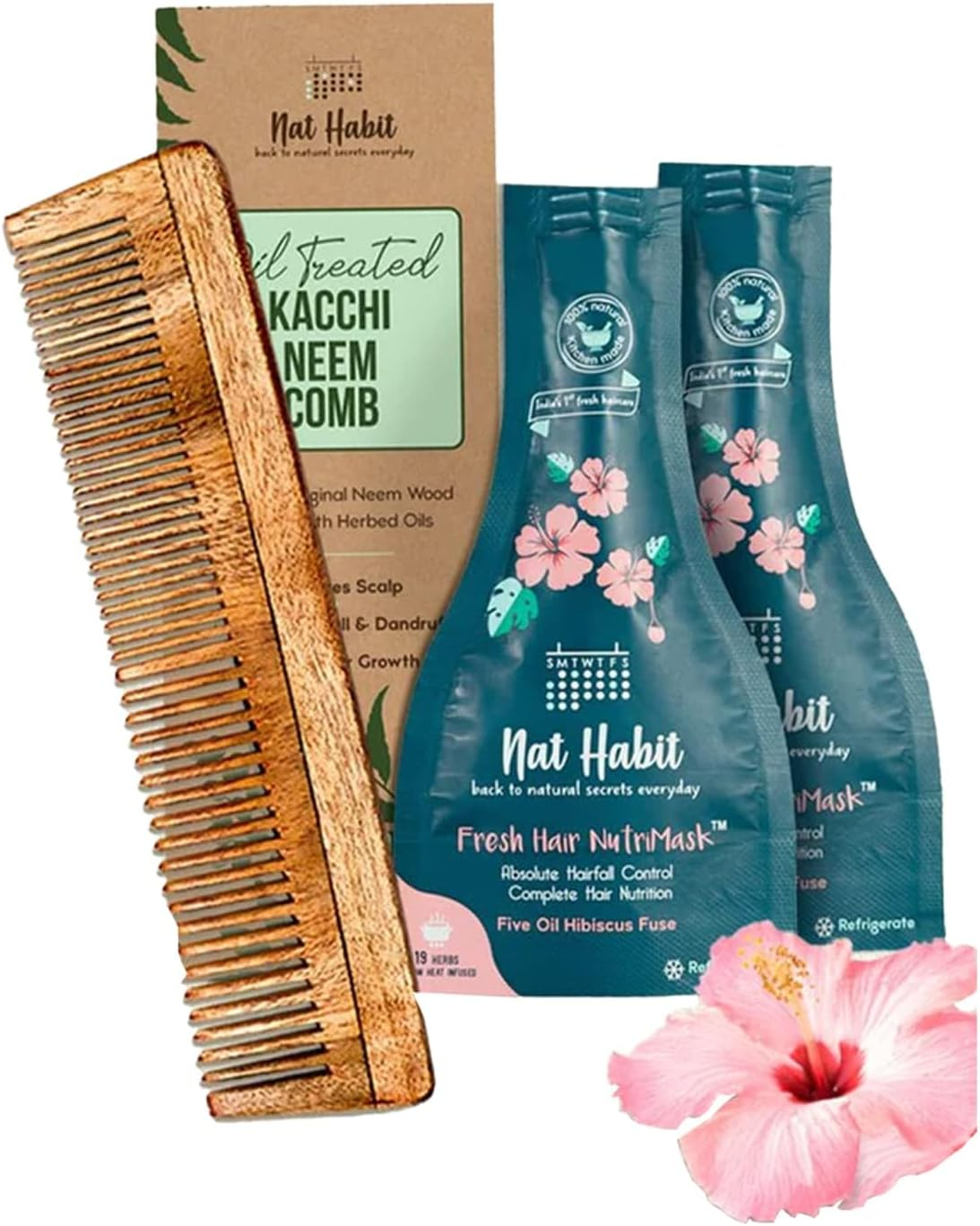 Nat Habit - Back to Natural Secrets Everyday Dual Tooth Wooden Kacchi Neem Comb & Hibiscus Hair Nutrimask for Growth, Hairfall Control & Smoothening (Combo Pack of 3) image number 2