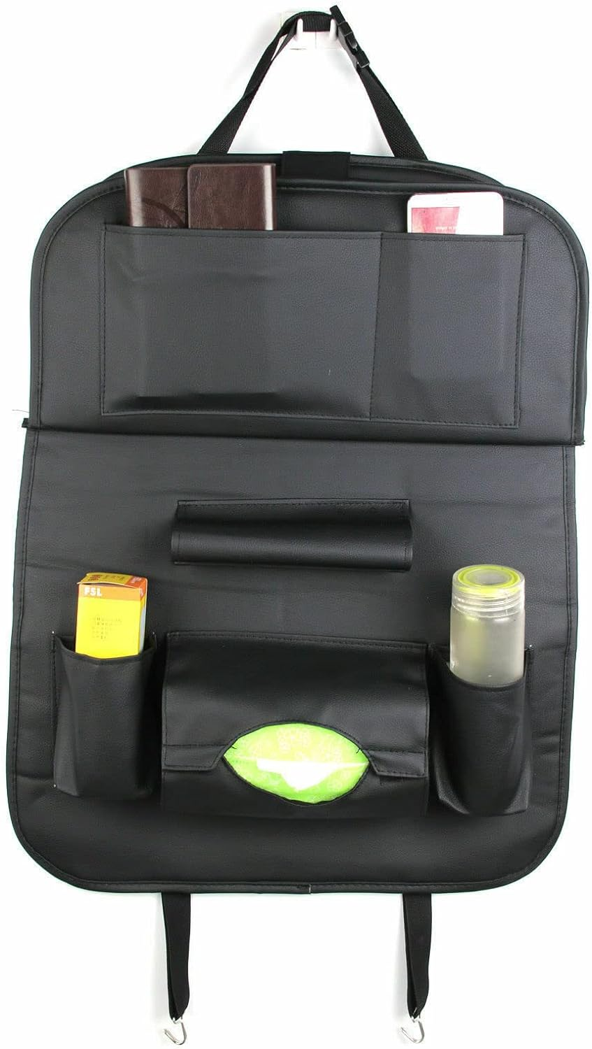 LEDON Foldable Car Back Seat Organiser Leather Storage Bag Table Tray Cup Holder Universal Auto Storage for Phones, Tablets, Water Bottles image number 3