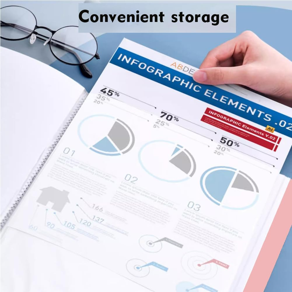 A4 100 Pockets 200/Sides Display Book Paper Document Holder, Business Presentation Book Presentation Folder Home/Office/School Document Holder (100 Pockets Blue) image number 3