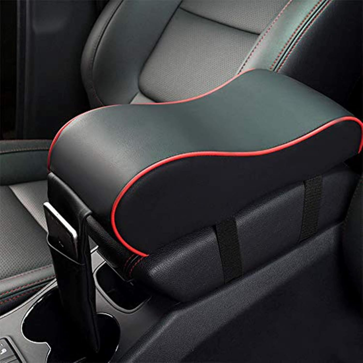 Car Armrest Cushion,Memory Foam Arm Rest for Car,Center Console Armrest with Phone Holder Storage Bag Universal Fit for Most Car (Black)