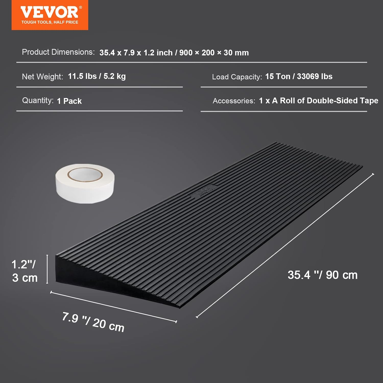 VEVOR 3 Cm Rise Cuttable Threshold Ramp for Sweeping Robot, 90 Cm Wide Natural Rubber Wheelchair Ramp, Non-Slip Solid Rubber Ramp with Double-Sided Tape for Doorways, Driveways, Bathroom, Smooth Tile image number 3