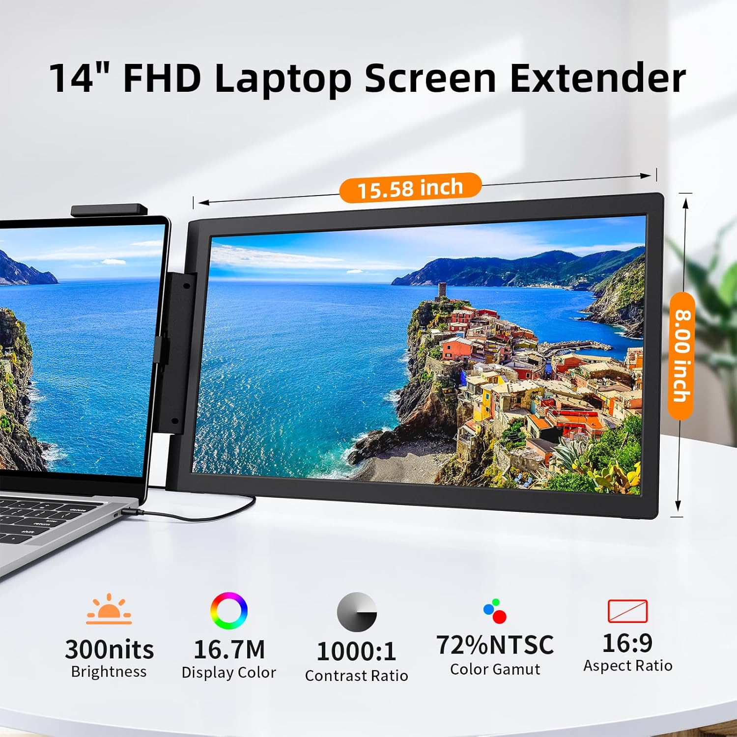 Magicraven Laptop Screen Extender, 14" 1080P Dual Screen, 250&deg; Rotation Portable Monitor for Laptop, Travel Display for 14-17'' Laptop with USB-C/HDMI Port, Plug & Play for Windows/Mac image number 5