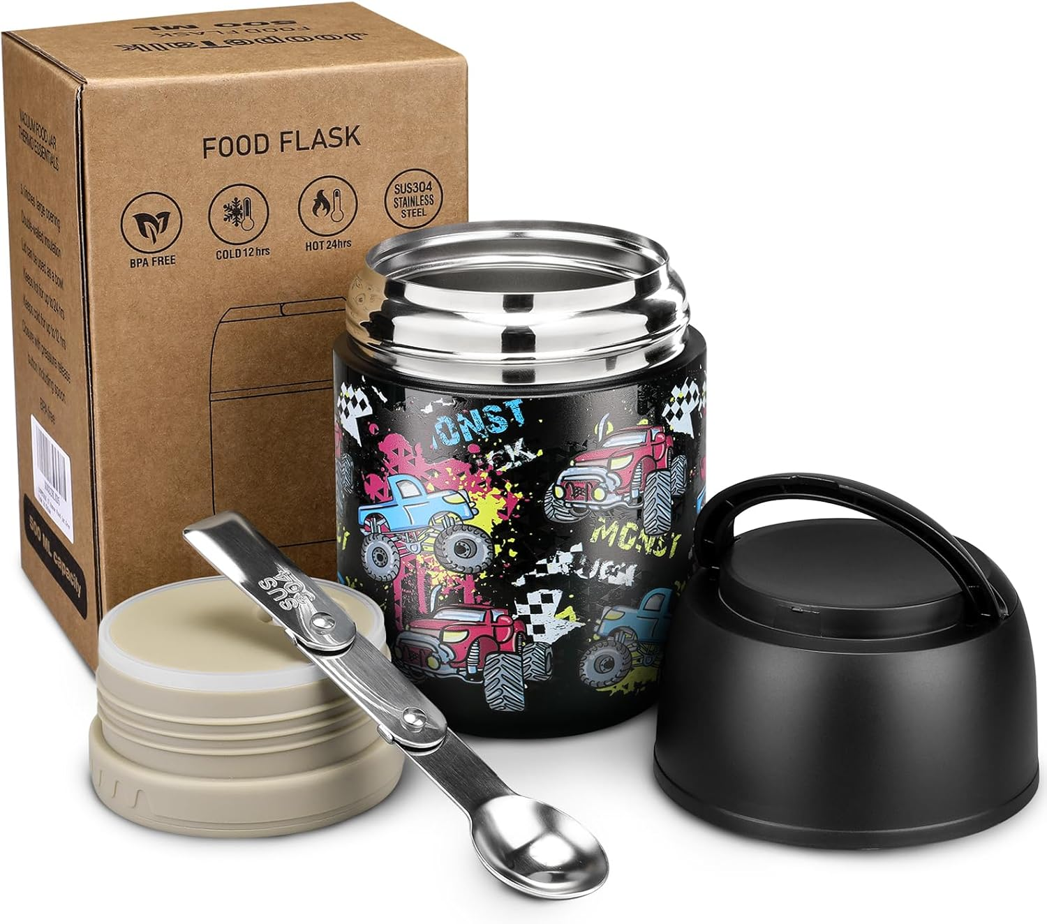 17 Oz Insulated Lunch Containers Hot Food Jar, Wide Mouth Lunch Thermos for Hot Food Kids Adults, Vacuum Stainless Steel Thermos Lunch Box with Handle Folding Spoon for School, Office (Blue-Pink)