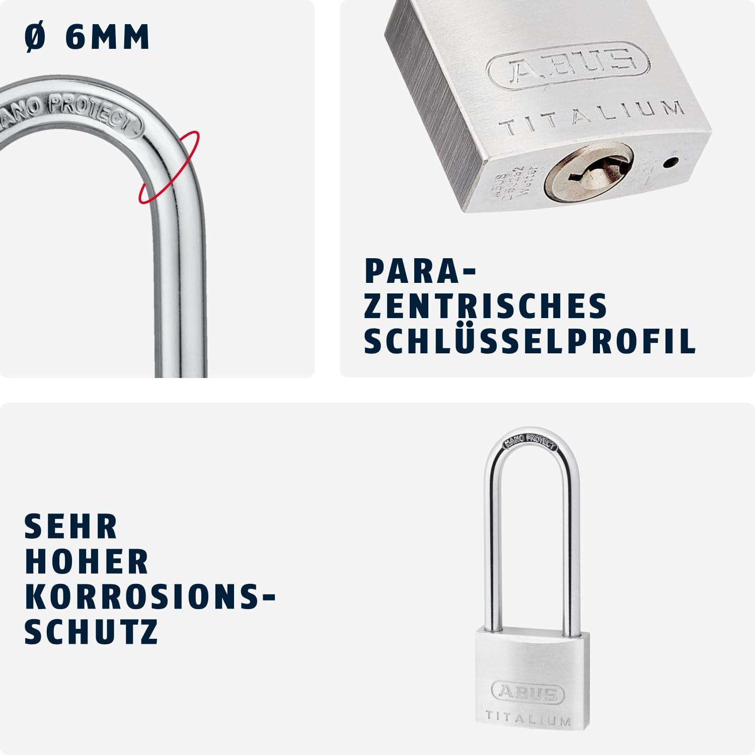 ABUS Titalium 64TI/40HB63 Gl.-6411 Padlock - Keyed Alike and with High Shackle - Basement Lock with Special Aluminium Lock Body - ABUS Security Level 5 image number 6