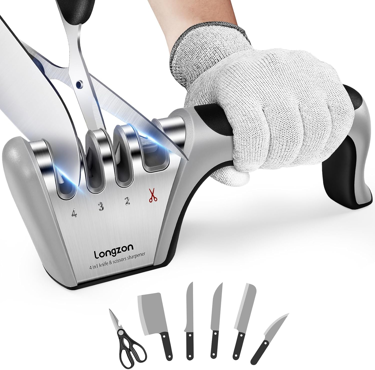 4-In-1 Longzon [4 Stage] Knife Sharpener with a Pair of Cut-Resistant Glove, Original Premium Polish Blades, Best Kitchen Knife Sharpener Really Works for Ceramic and Steel Knives, Scissors.