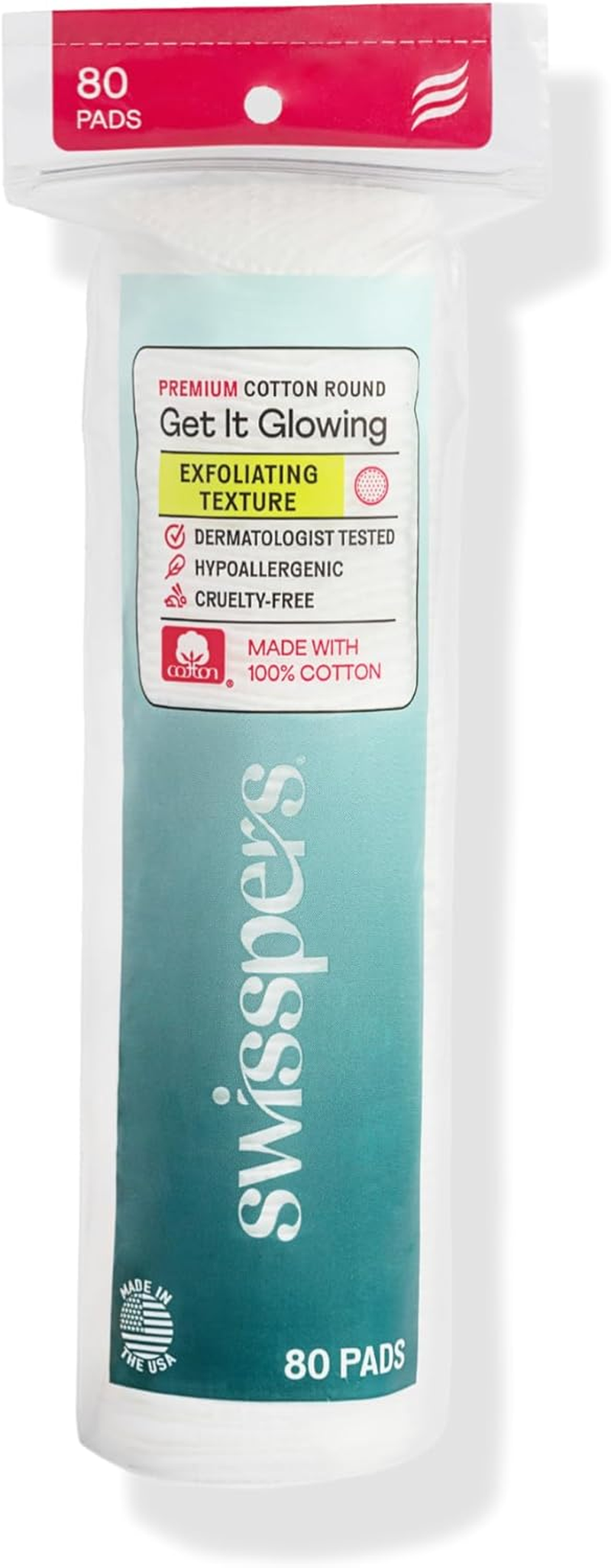 Swisspers Premium Exfoliating Rounds, 2 Distinct Raised Textured Surface, Cotton Facial Pads, 80 Count Re-Closable Bag, White image number 1