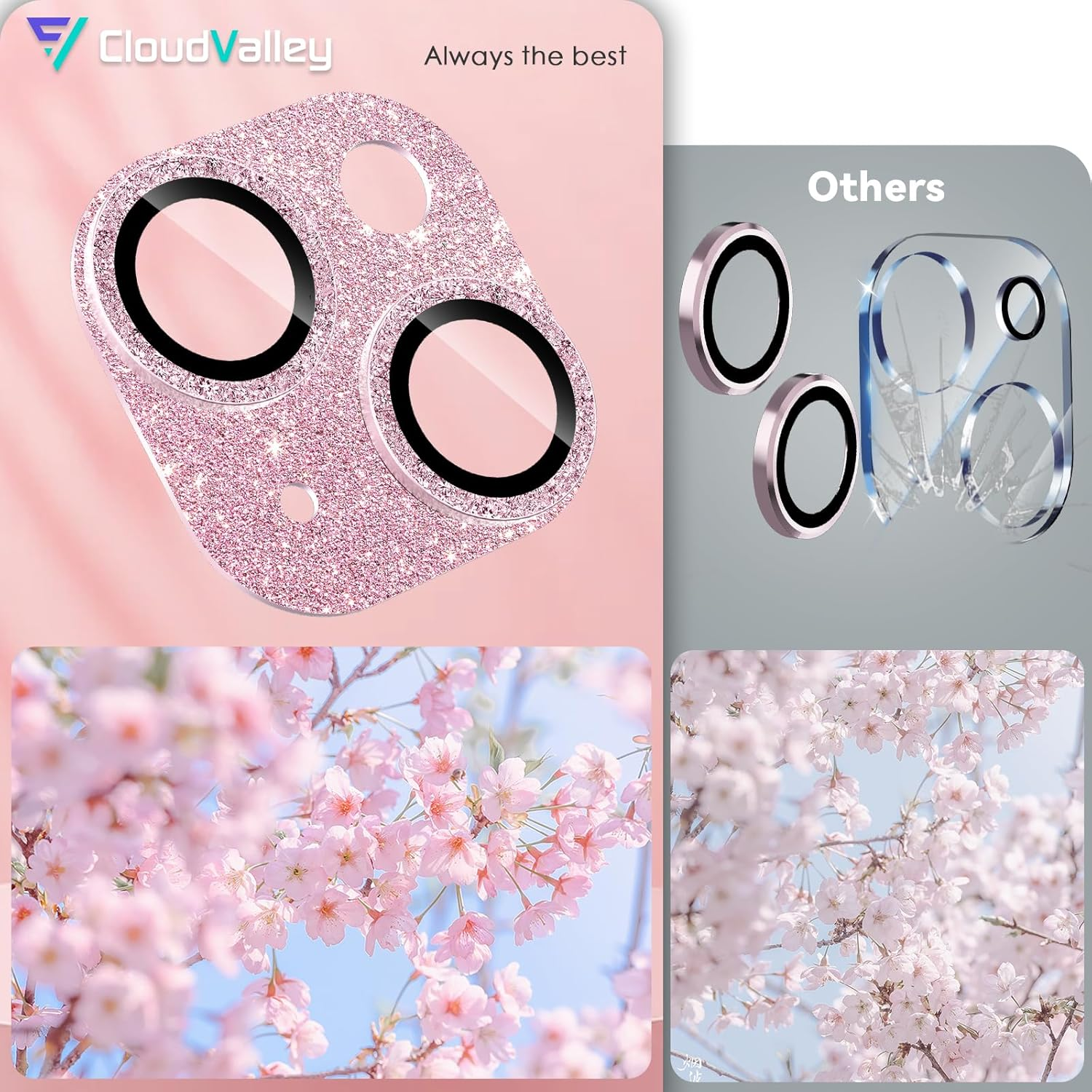 Cloudvalley for Iphone 15/ Iphone 15 plus Camera Lens Protector, HD Tempered Metal Matte Glass Anti-Scratch, Case Friendly Full Screen Cover Film Accessories, Glitterpink - Glitterblack image number 6
