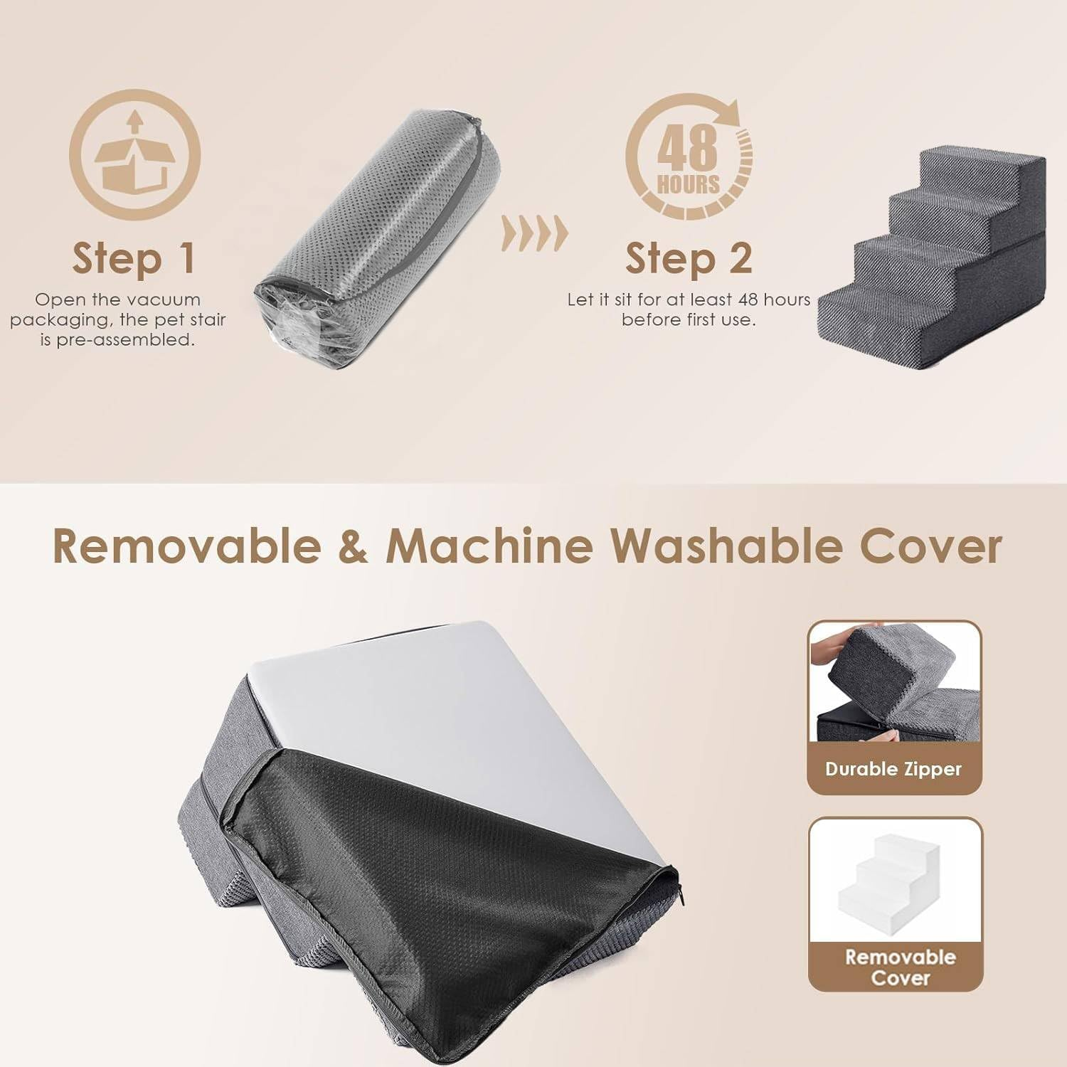 Dog Stairs for High Bed 23&rdquo;H, 45.7Cm Height 4-Step Pet Dog Steps for Small Dogs and Cats, Pet Stairs for High Bed Climbing, Non-Slip Balanced Pet Step Indoor, Removable & Washable Cover, Grey