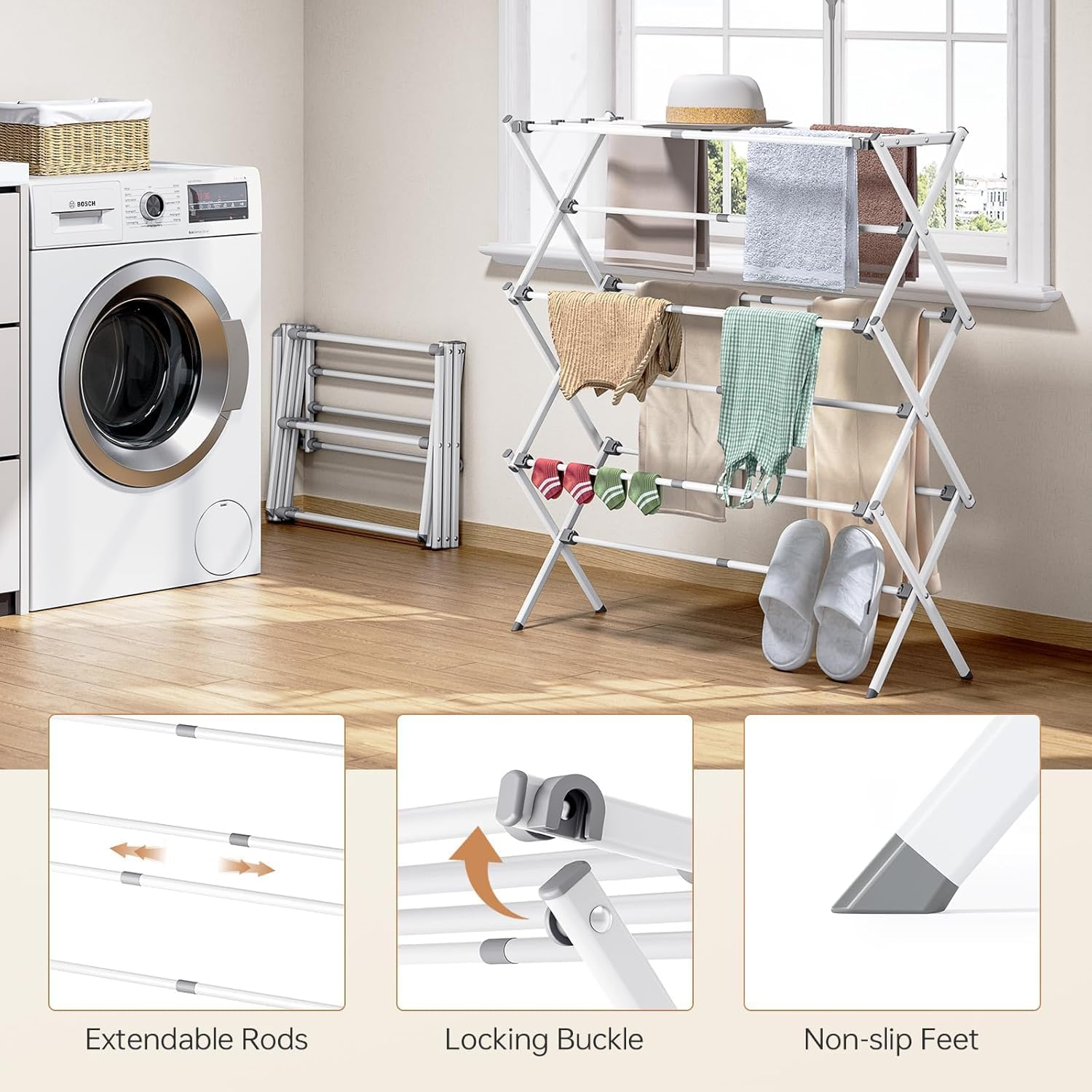 Jiaozoum Clothes Drying Rack, 3-Tier Laundry Drying Rack for Clothes, Expandable Metal Clothing Dryer, Scalable Folding Towel Rack, White image number 4