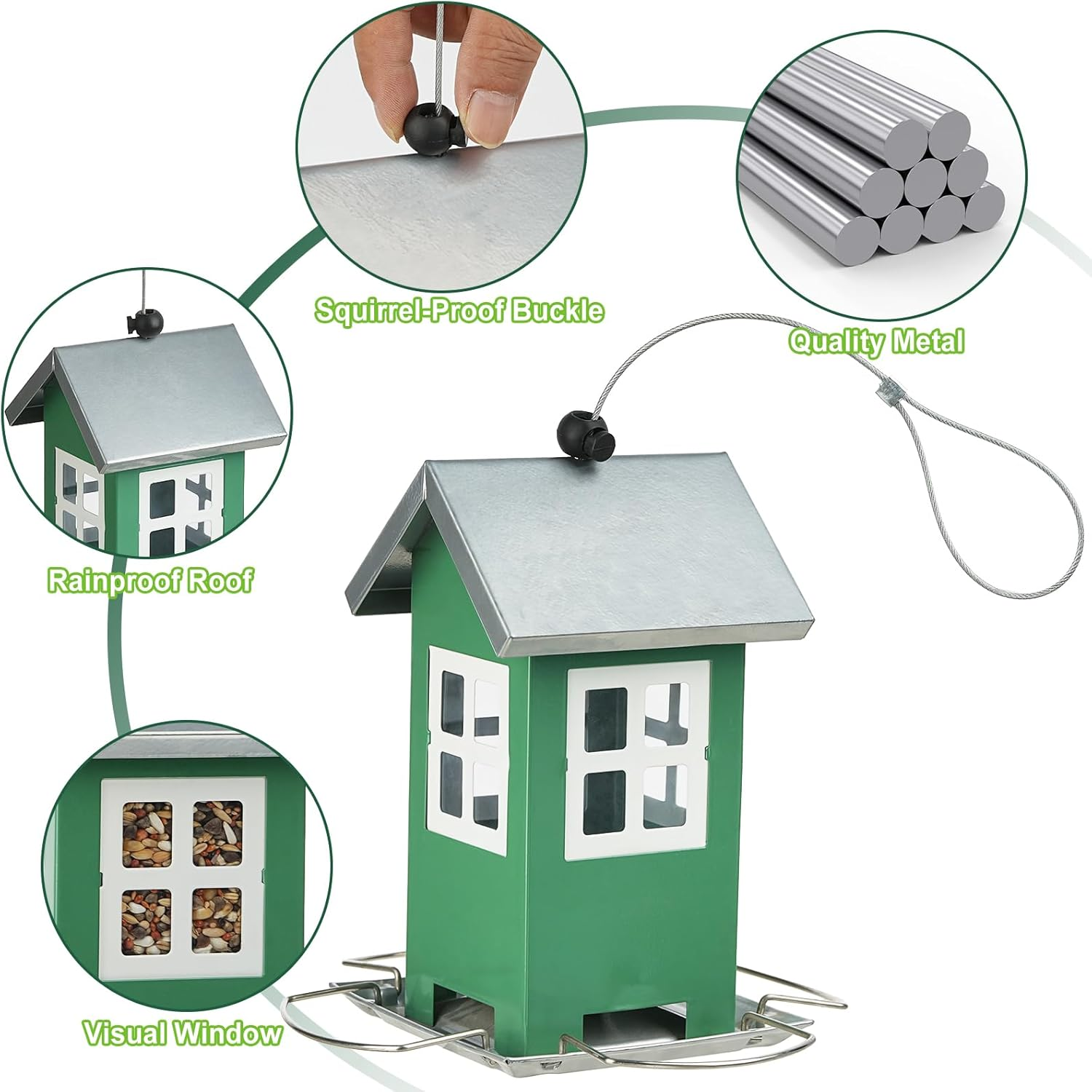 Small Metal Bird Feeders for Outdoors, Cute House Shape Bird Feeder with Window Design, Garden Terrace External Hanging Decorative Birdfeeder for Finch Sparrow Little Birds - Premium Green image number 3