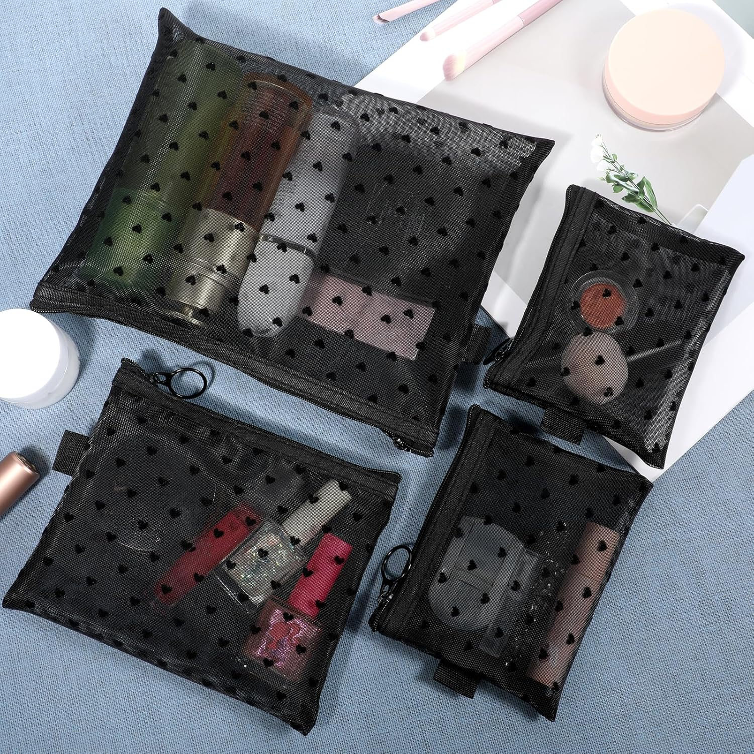 Heart Printed Mesh Makeup Bag Set, Small Mesh Cosmetic Bags Portable Travel Make up Purse Bag Heart Print Zipper Pouch Toiletry Bags for Daily or Travel Use (Black), Black image number 4