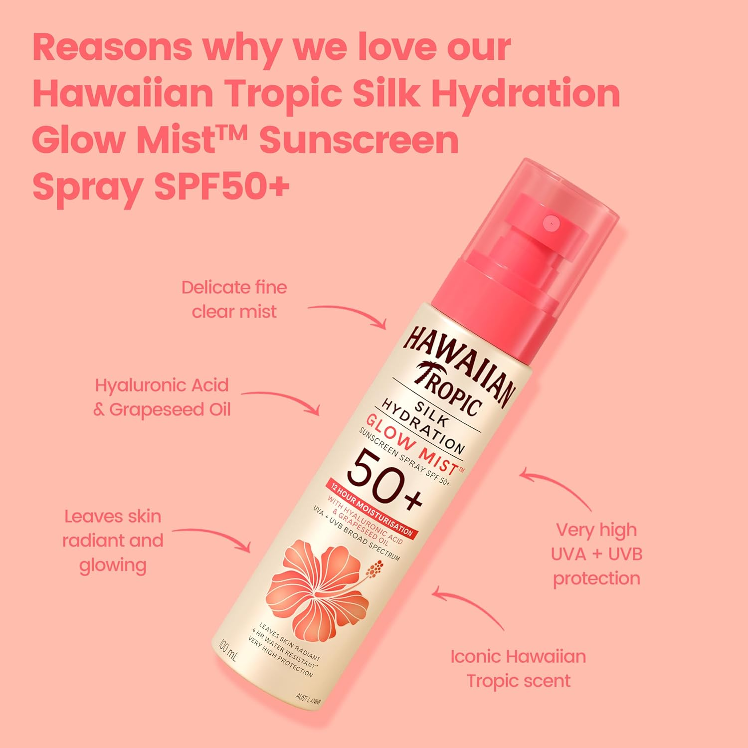 Hawaiian Tropic Silk Hydration Glow Mist&trade; Sunscreen Spray SPF 50+, Hyaluronic Acid & Grapeseed Oil, Invisible & Lightweight, Delicate Clear Mist, 12 Hour Moisturisation, 4-Hour Water Resistant image number 2