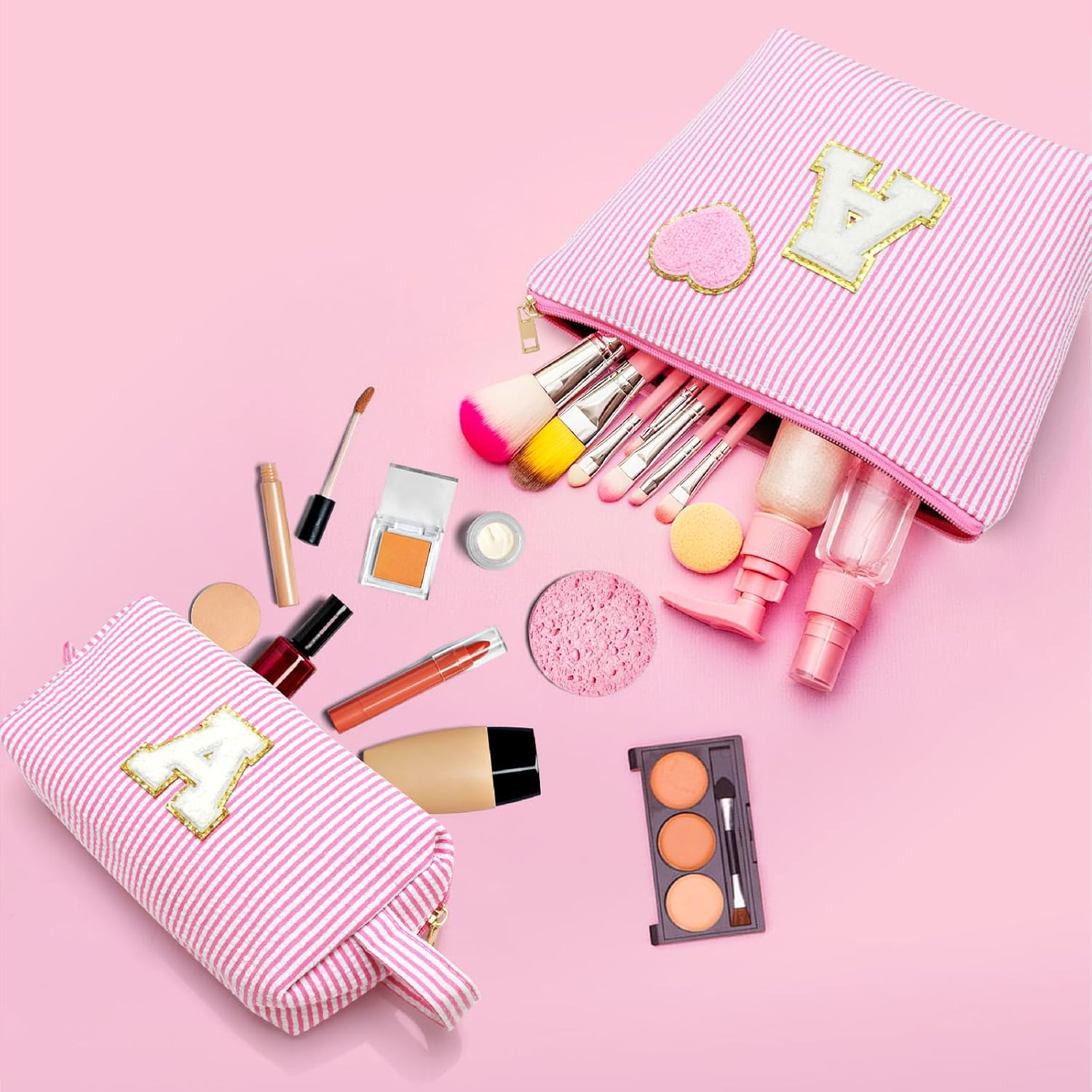 YILANCOL Initial Makeup Bag Personalized Preppy Cosmetic Bag Trendy Toiletry Travel Bag for Teen Girls Kids Women Letter Makeup Pouch Purse Holiday Gifts Birthday Christmas Gifts 2Pack, Pink image number 7