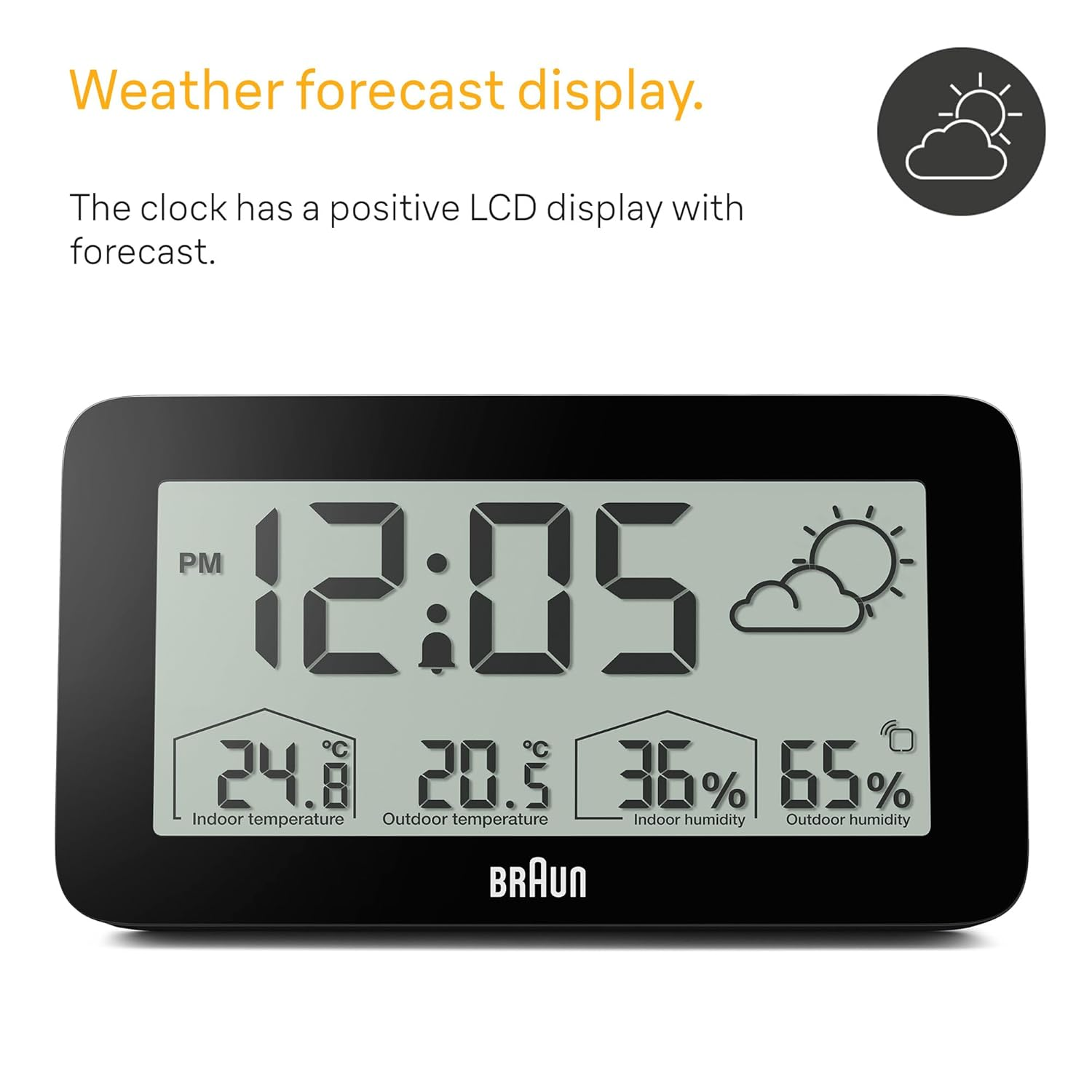 Braun Digital Weather Station Clock with Indoor and Outdoor Temperature and Humidity, Forecast, LCD Display, Quick-Set, Crescendo Beep Alarm in Black, Model BC13BP.
