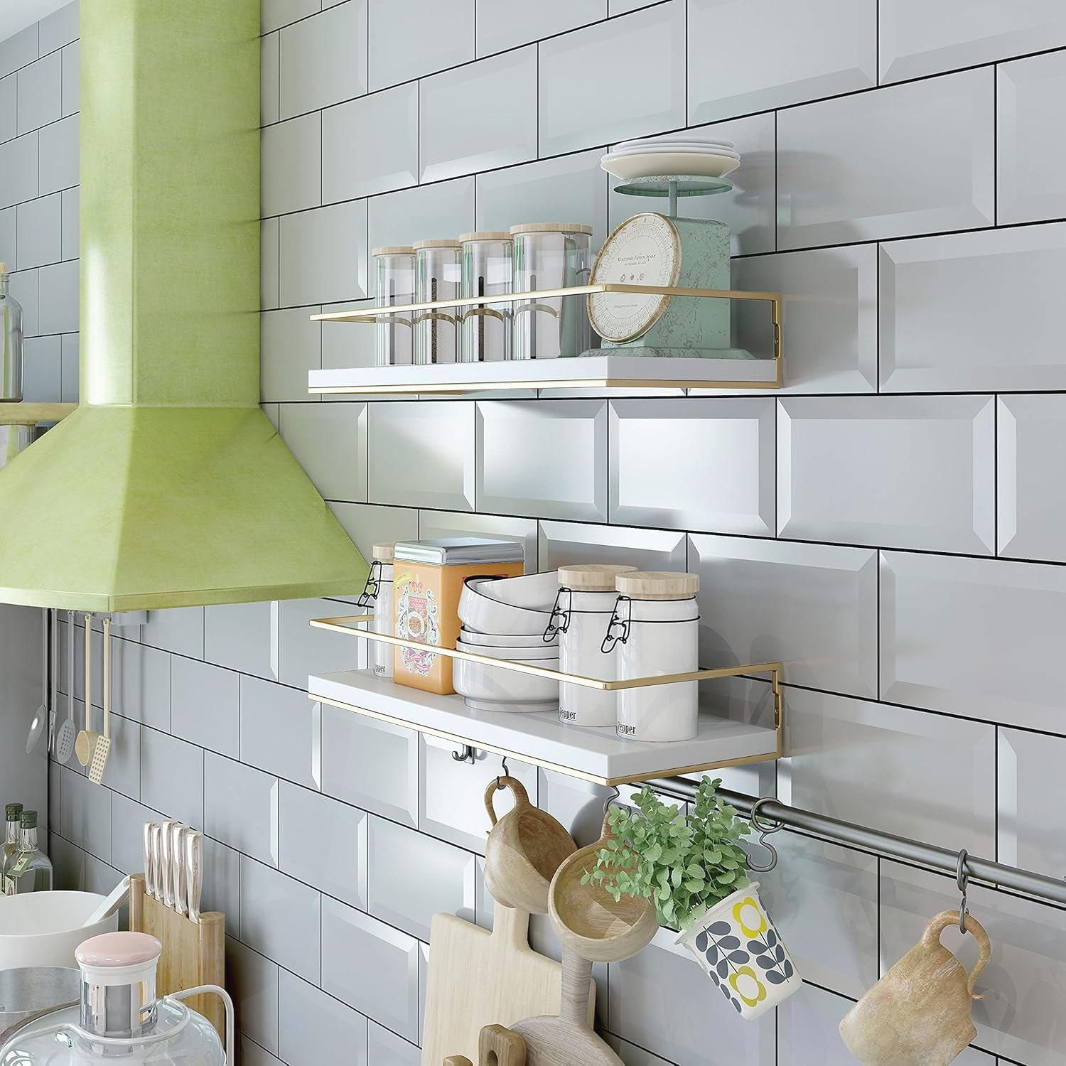 Floating Shelves Set of 2, Wall-Mounted Wooden Shelves with Golden Towel Rack, Decorative Storage Shelves for Bathroom, Kitchen, Living Room, Durable & Stylish image number 3