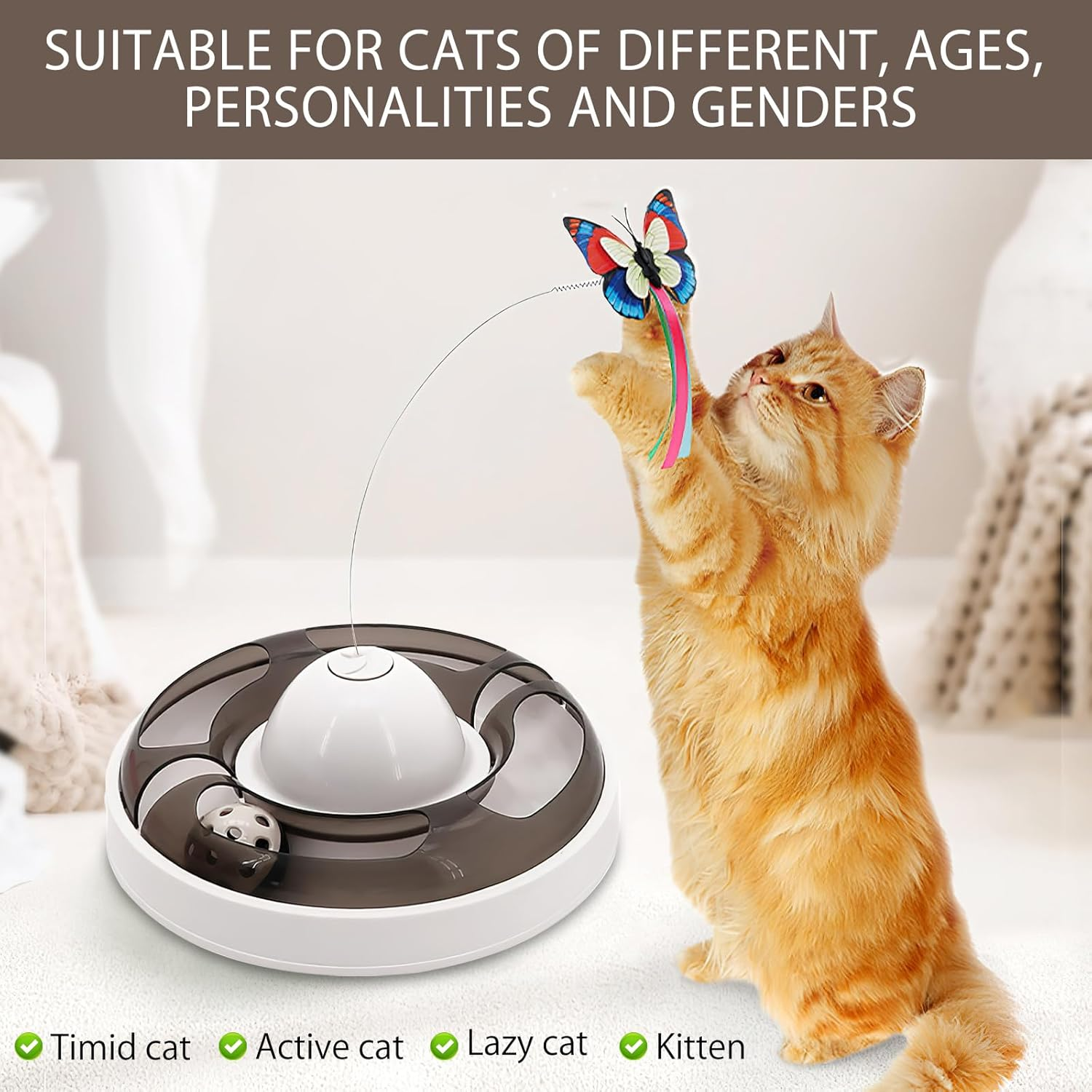 TNSLAND Interactive Cat Toy, Self-Employment Intelligence Electric with 2 Butterflies and 2 Balls, 3-Speed Tumbler Toy for Adults, Cat, Kittens, without Battery image number 2