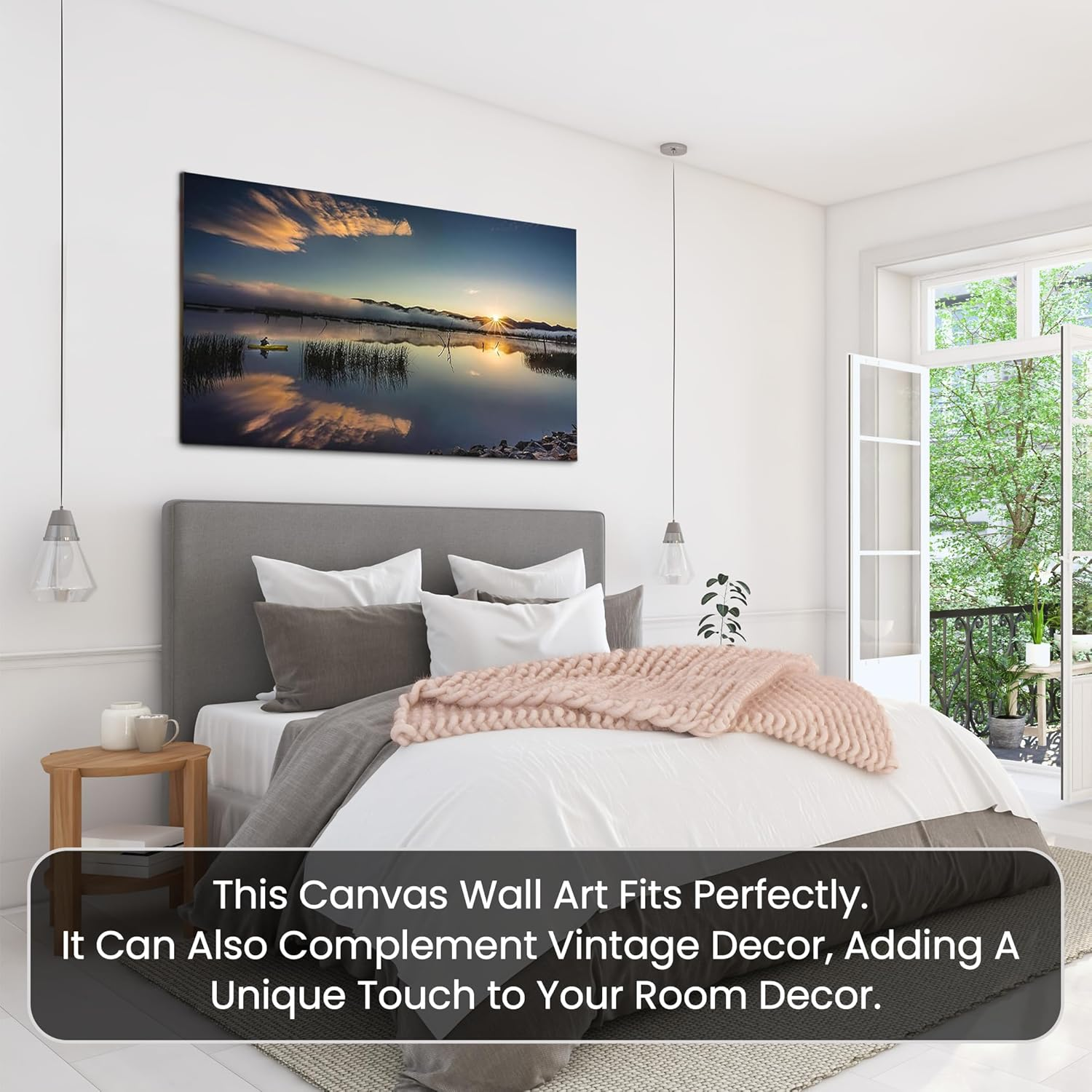Tomuu Erissa Large Bedroom Wall Art with Tranquil Peaceful Sunrise over Lake Scene | Canvas Wall Paintings for Living Room | Large Wall Pictures for Living Room | Premium Decor | 100 X 50Cm image number 1