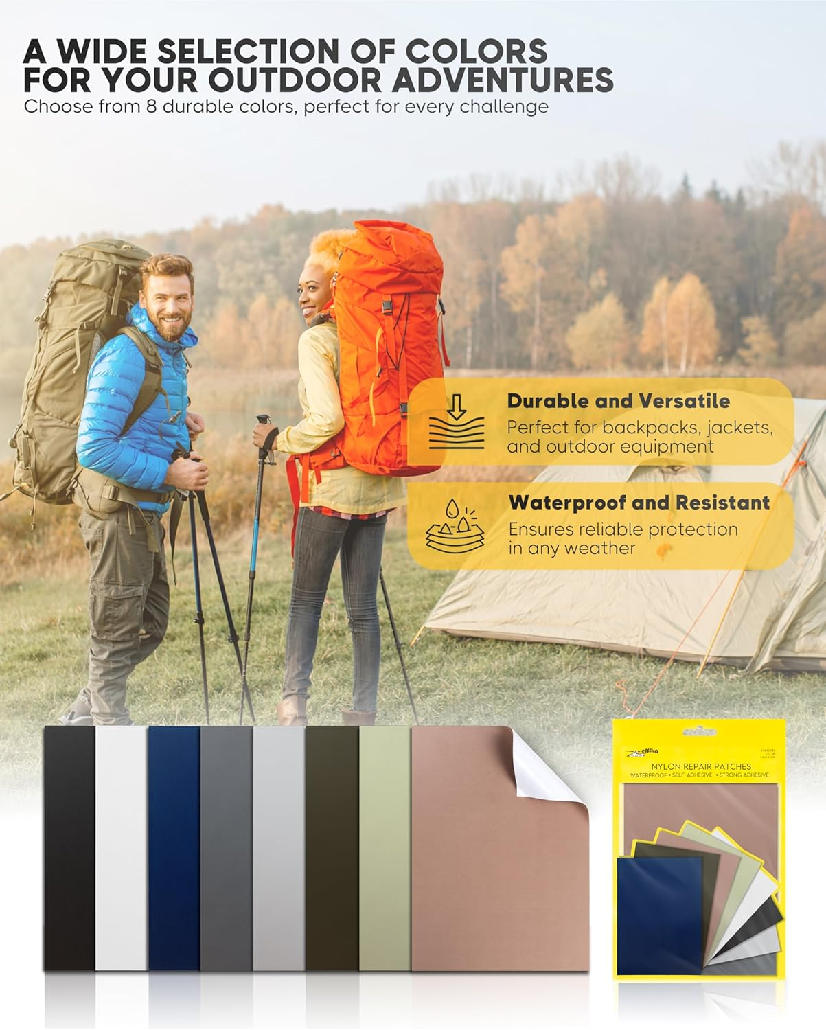 ZEFFFKA Nylon Self-Adhesive Repair Patches 8 Pack Waterproof Durable 13X18 Cm 5X7 Inch Fabric Patches for Jackets Tents Backpacks Sleeping Bags Clothing 8 Assorted Colors No Ironing Easy Fix image number 3
