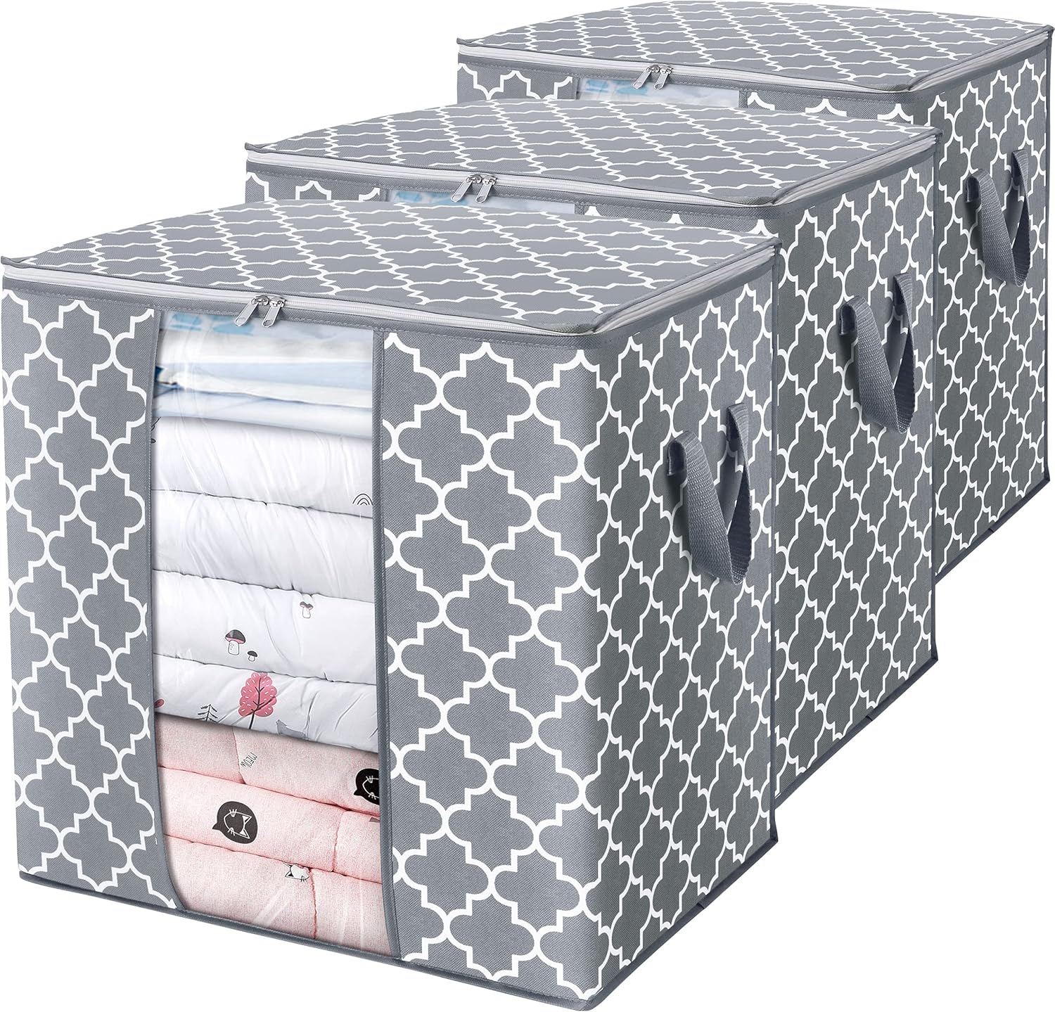 WISELIFE Storage Bags [3 Pack/100L] Large Blanket Clothes Organization and Storage Containers for Comforters,Bedding, Foldable Organizer with Reinforced Handle, Clear Window, Sturdy Zippers,Gray