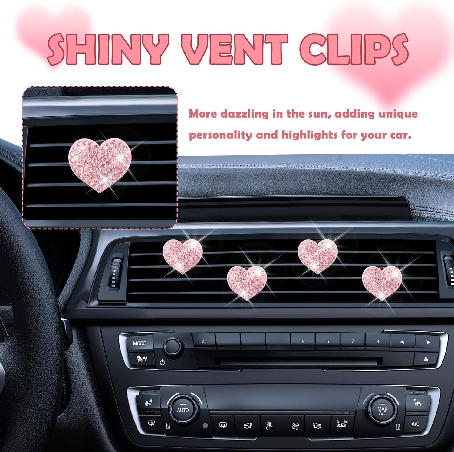 4PCS Heart-Shaped Car Vent Clips with Rhinestone,Bling Air Vent Clips Car Decorations,Premium Shiny Car Clips for Vents Ccar Accessories Interior for Cars,Trucks,Suvs (Pink) - Pink image number 6