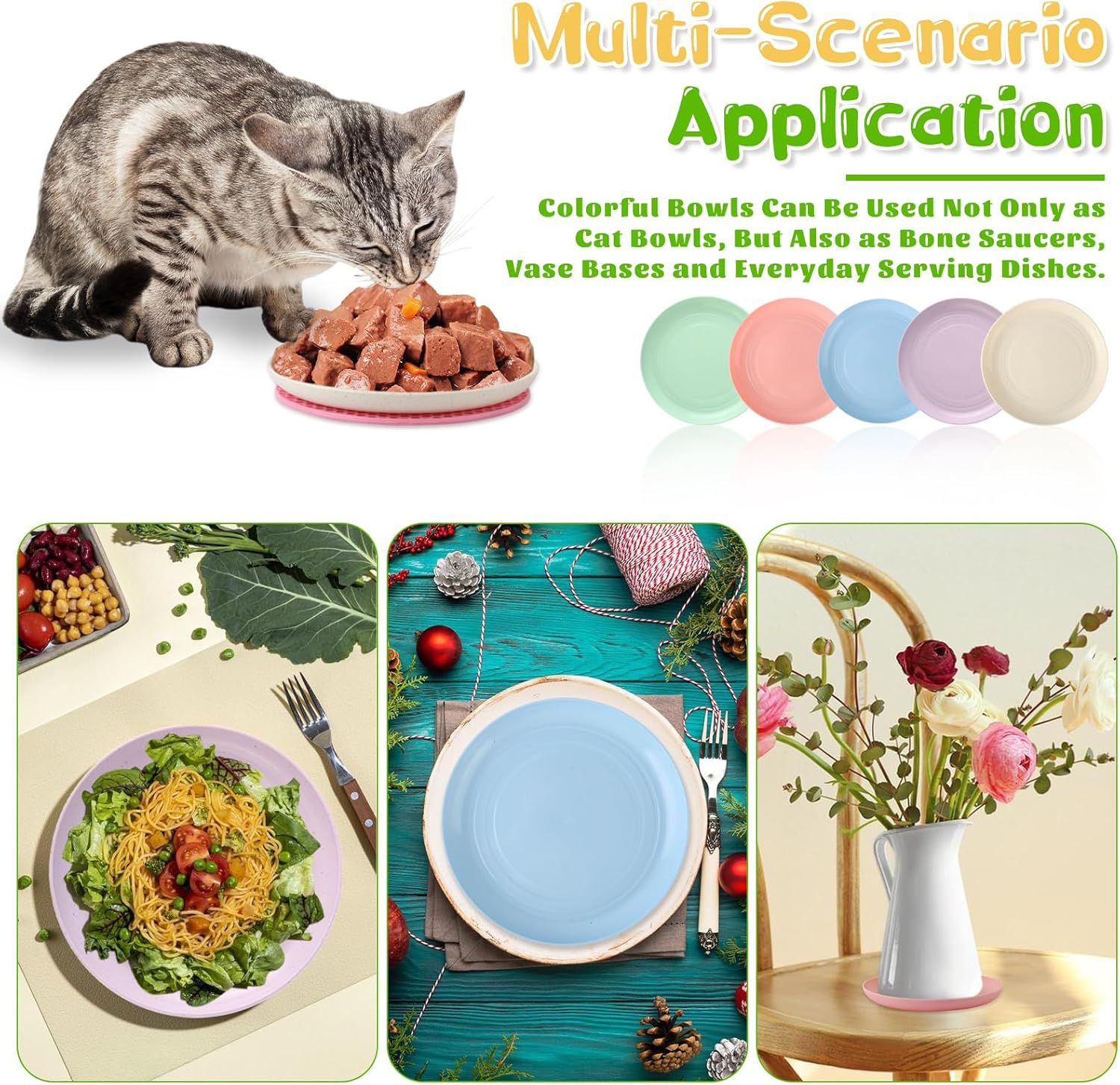 Pack of 10 Flat Cat Bowls with 2 Non-Slip Mats, Circular Feeding Bowl Cat Flat with Storage Base, Colourful Cat Bowl Set, Flat Cat Plate for Kittens and Short-Legged Cats image number 1