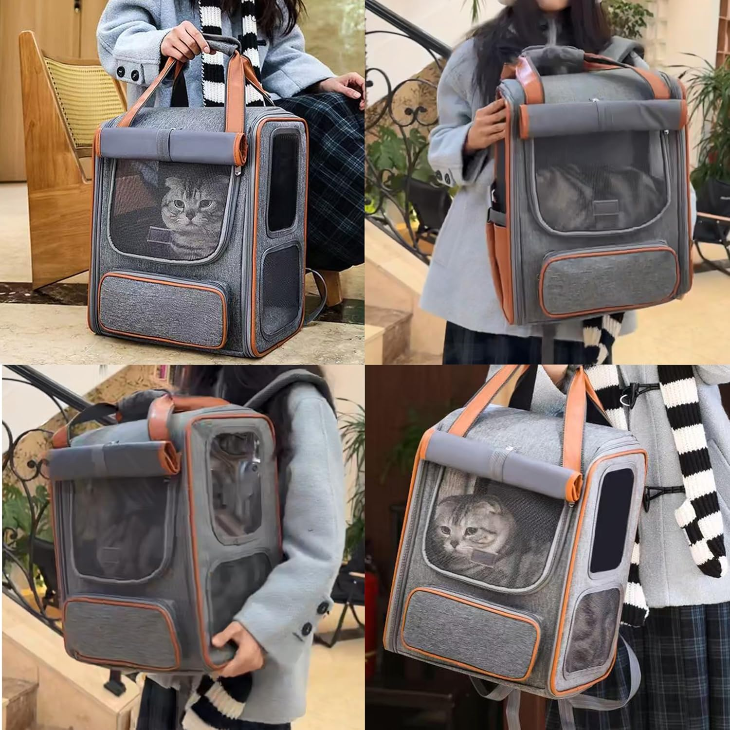 Soft-Sided Pet Carrier, Collapsible Travel Carrier for Cats and Puppies, Portable with Multiple Pockets (Gray-Backpack) - Gray-Backpack image number 4
