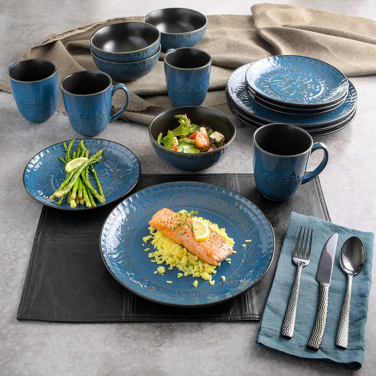 Gibson Milanto 16-Piece Dinnerware Set Featuring Embossed Reactive Glaze Stoneware, Plates, Bowls & Mugs, Blue - Gray image number 5