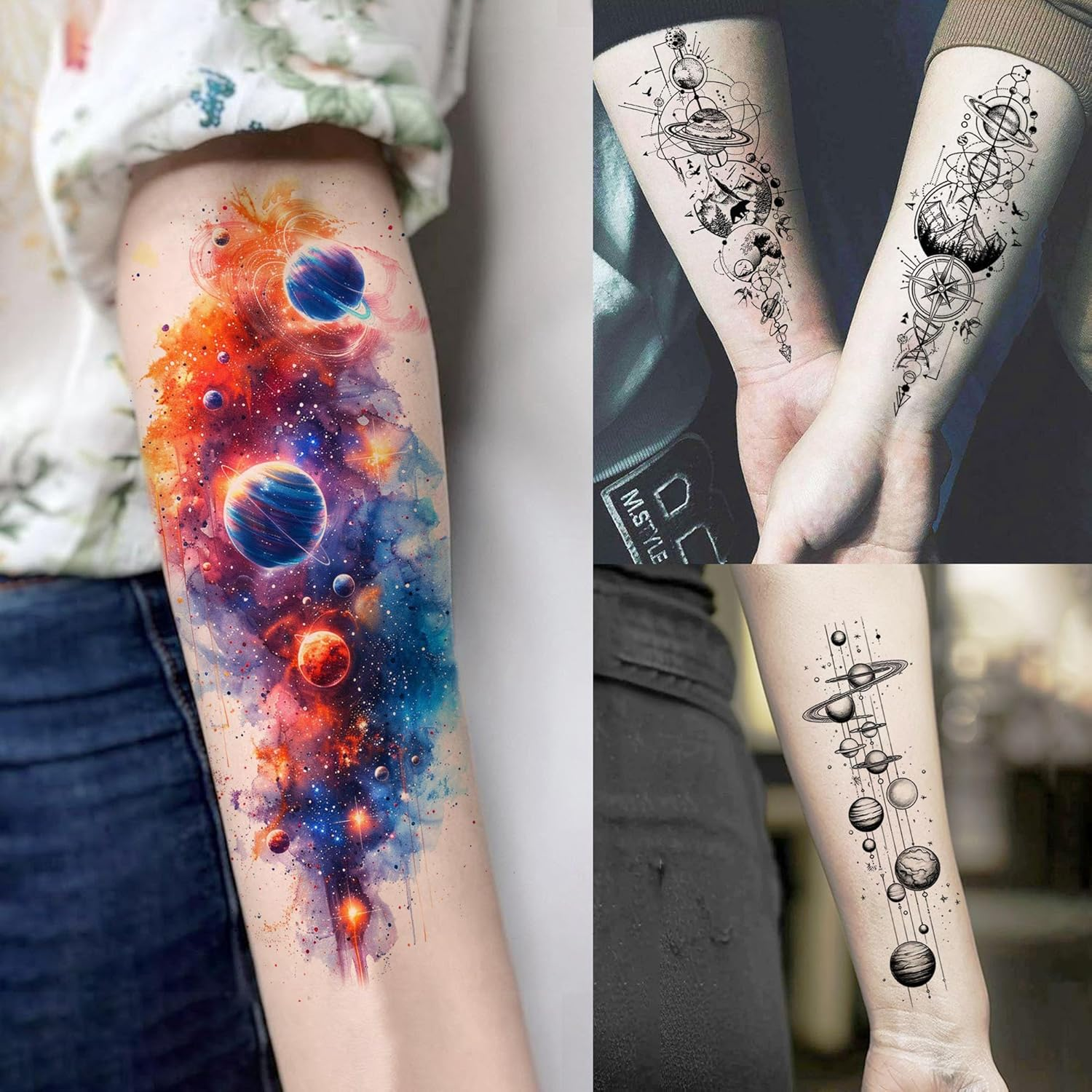 70 Sheets Watercolour Planets Galaxy Temporary Tattoos Women Men Children Boys Adhesive Tattoos Adults, Colourful Star Universe Tattoos for Sticking, Forearm Fake Tattoo Stickers Space image number 1