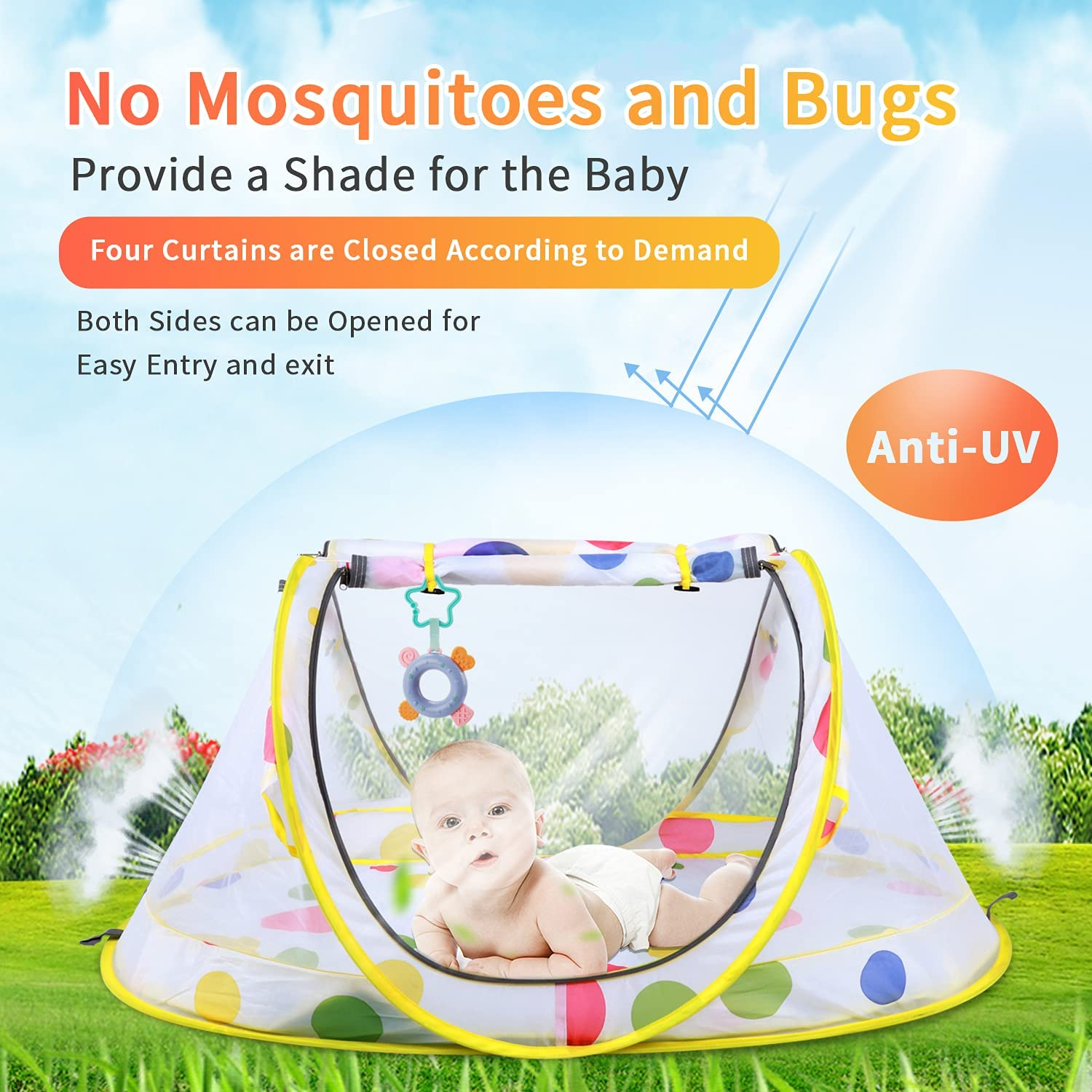Stlove Travel Cot Foldable Pop up Portable Ultralight Weight Baby Beach Tent Infant Crib Mosquito Net Travel Bed Include Blanket Prevent Urine Penetration Peach Skin Velvet 111 * 68.5 * 49Cm Yellow image number 3