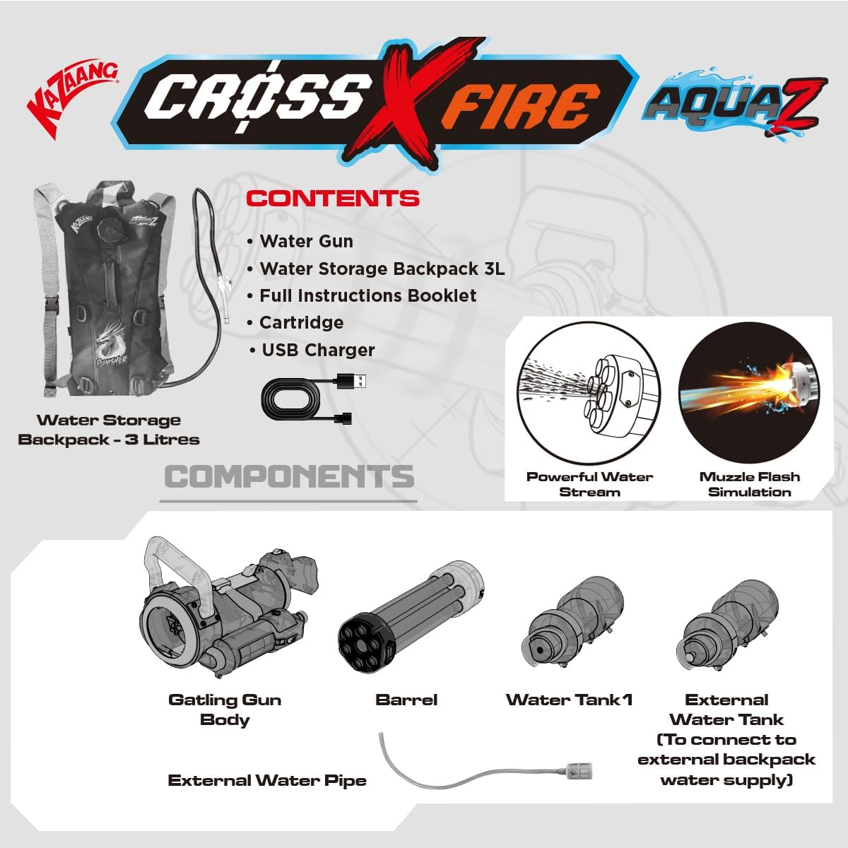 Kazaang Crossxfire Aquaz Punisher - Electric Water Gun with 9M Firing Range - Fully Automatic Gatling Gun with Simulated Muzzle Flash Effect - External Backpack Water Tank - Suitable for 8+ image number 1