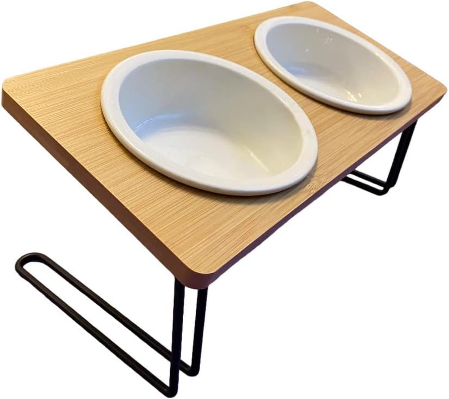 Feeding Bowl for Cats and Small Dogs Made of Bamboo and Metal, Inclined with Ceramic Bowls image number 6