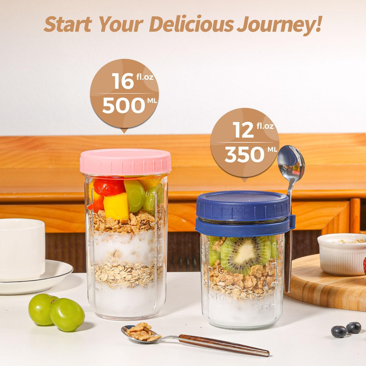 12 OZ Overnight Oats Jar Pack of 6, Airtight Glass Oatmeal Container with Spoon Overnight Oats Container with Lids for Milk, Cereal, Fruit