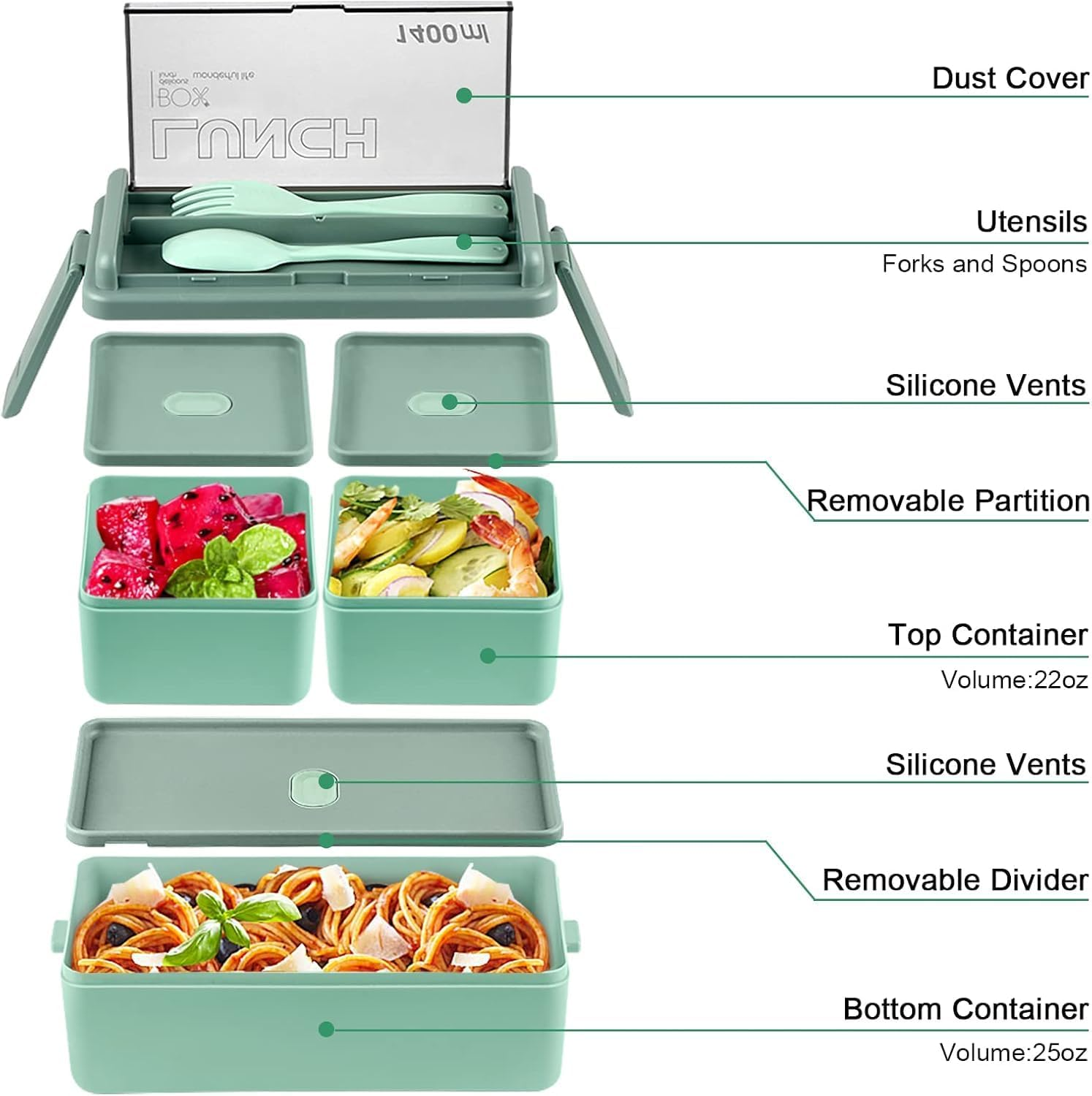 Lunch Box Stackable, 1400Ml Bento Box with Spoon Fork, Leak Proof 2 Layer Boxes with 3 Removable Compartments and Cutlery, for Adults Kids Office Microwave Dishwasher Safe Available (Green) image number 6