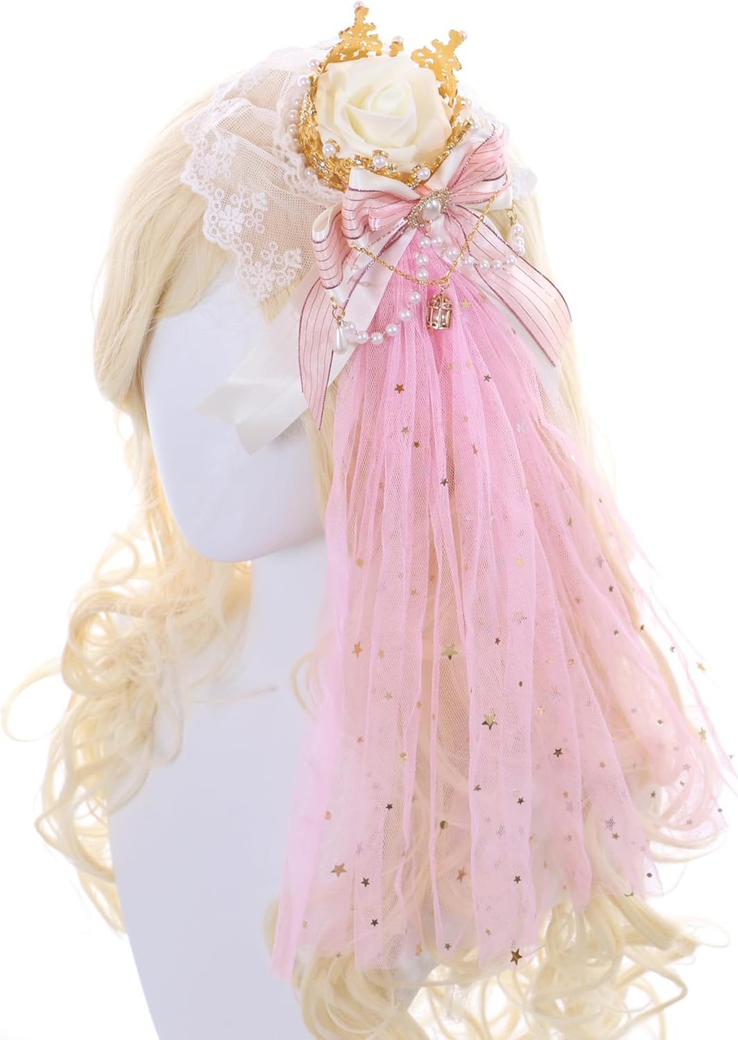 C-105-2 Pink Veil Gold Crown Rose Bow Lace Ruffle Gothic Lolita Party Celebration Hair Accessories Head Accessory image number 5
